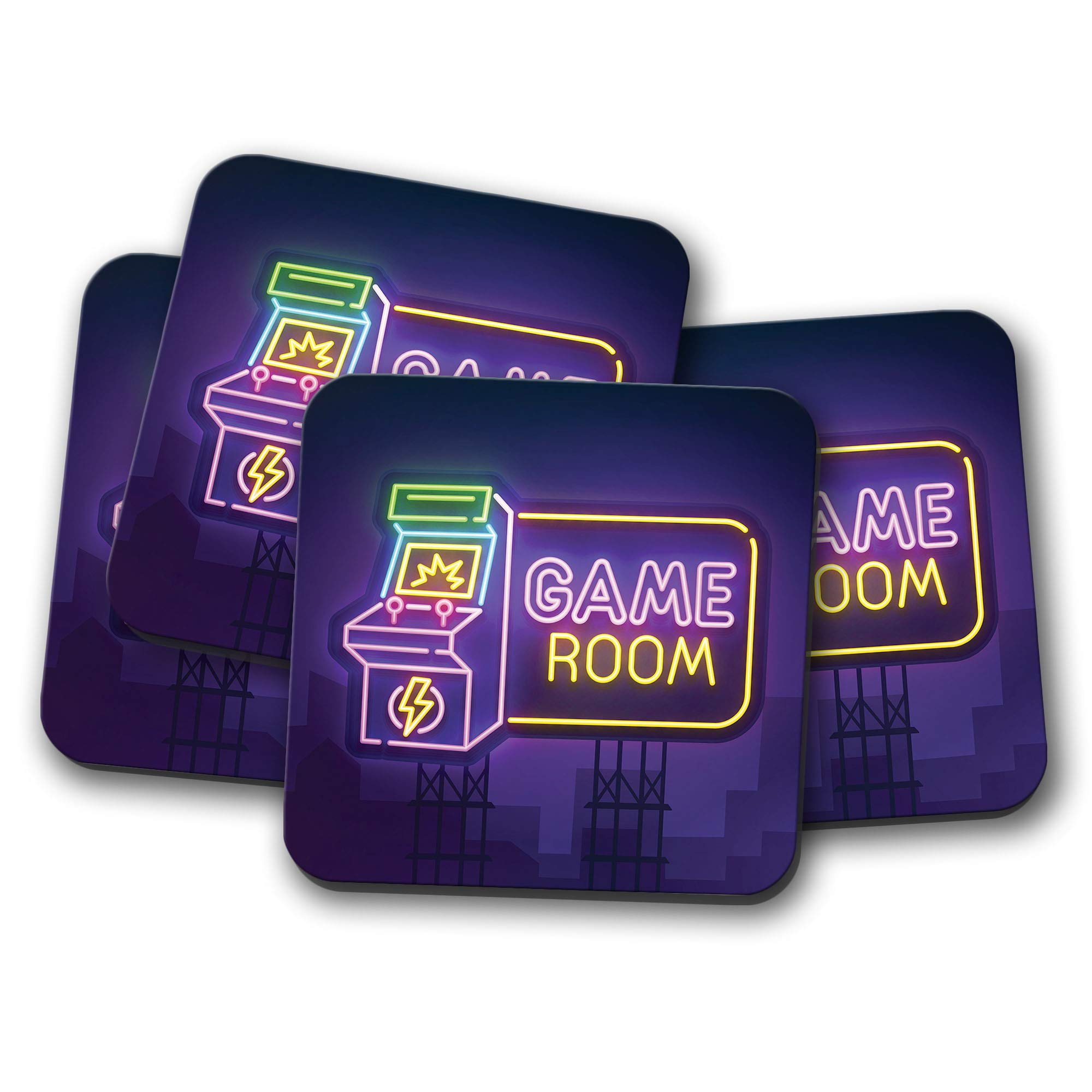 4 Set - Neon Game Room Sign Coaster - Arcade Gamer Gaming Men's Man Cave Boys Kids Bedroom Gift #14767