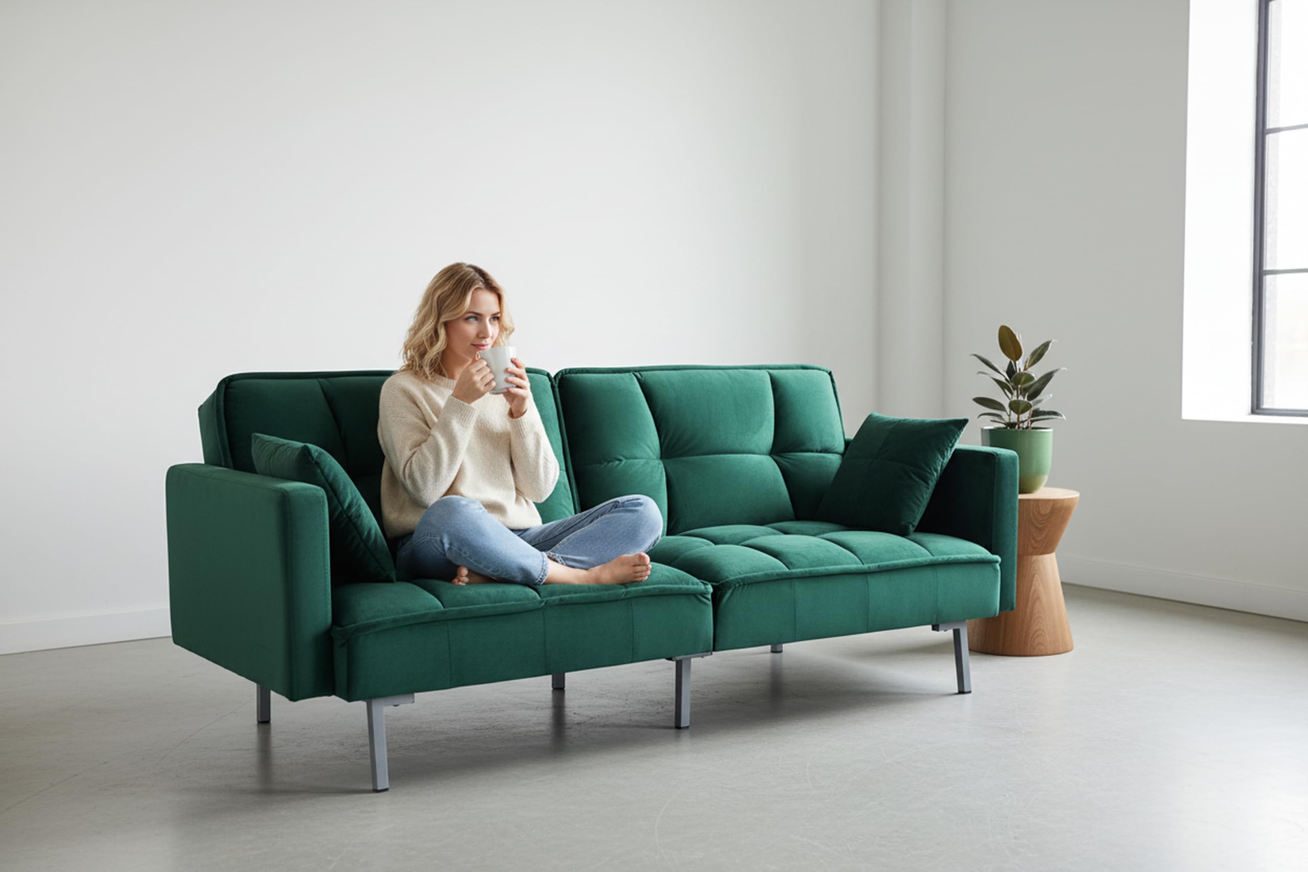 Container Furniture Direct Regal 75.6" Velvet Convertible Sofa Bed - Mid-Century Sleeper Couch w/Tufted Design & Metal Legs - Pull-Out Futon for Guests/Home (75.6" W x 34.6" D x 32" H), Green