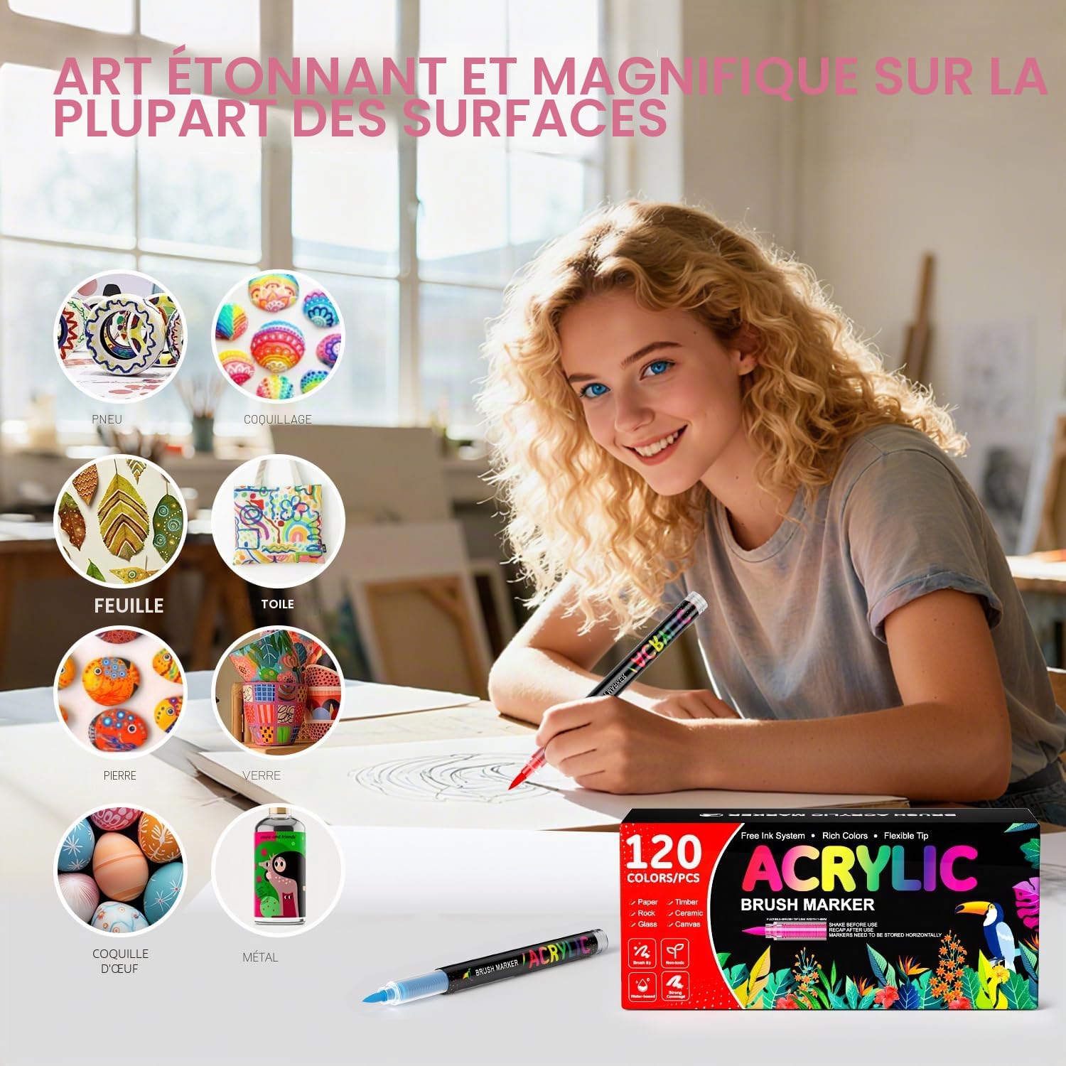 120 Couleurs Feutre Acrylique, Marqueur Peinture Acrylique à Base D'eau avec Pointe Pinceau de 1 à 5 mm, Marqueur Acryliques pour Pierre, Verre, Céramique, Papier, Bois et DIY Fournitures