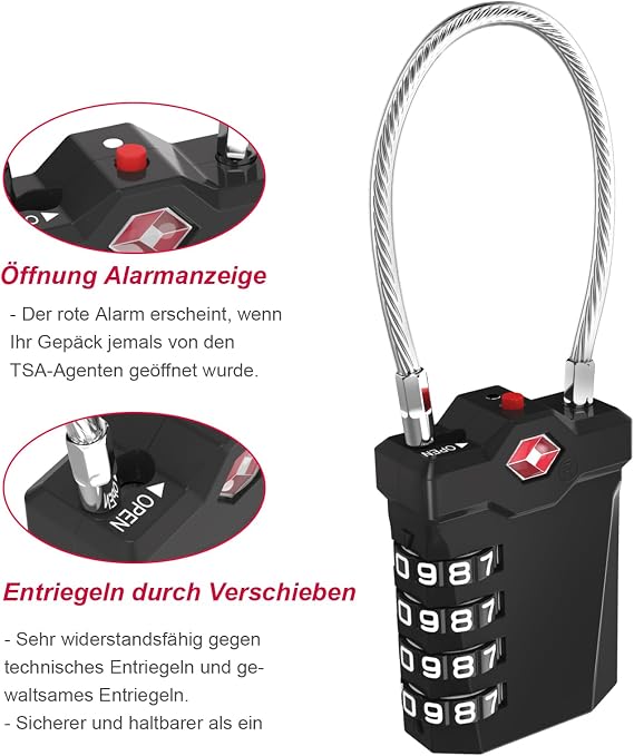 TSA luggage lock 4-digits suitcase combination lock numerical code with opening alarm display.