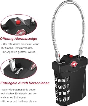 TSA luggage lock 4-digits suitcase combination lock numerical code with opening alarm display.