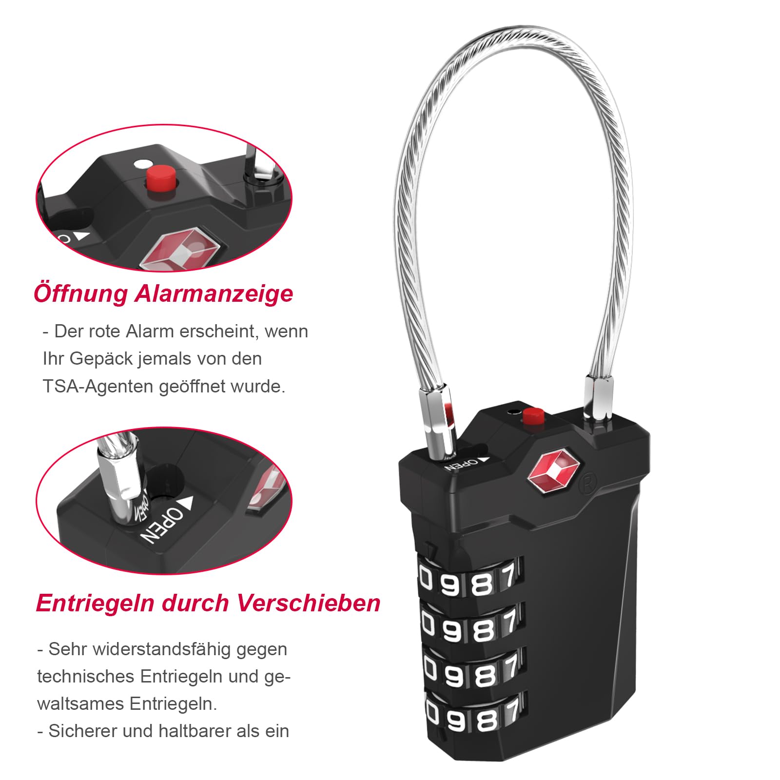 ZHEGE Candado Maleta Viaje TSA, Candados de Equipaje para Maletas, Mochilas, Maletines, Bolsas, Caja de Medicamentos, Candado Numerico con Alarma de Apertura y Flexible Cable (4 Piezas, Negro)
