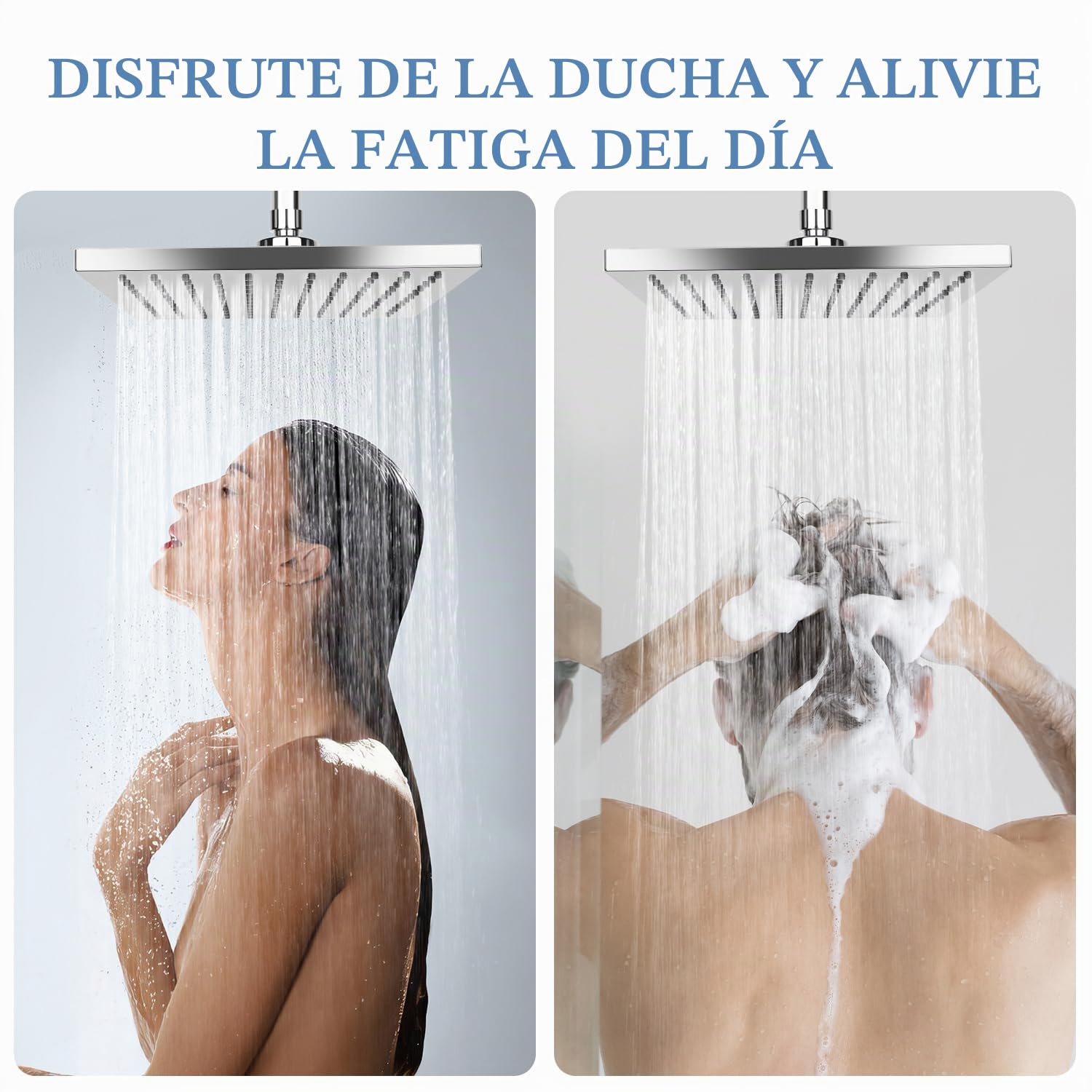 AiQInu Alcachofa de ducha cuadrado de 20cm con efecto lluvia, ajustable, ahorro de agua con boquillas antical, cabezal de ducha de cascada de acero inoxidable, diámetro de 20 cm, Plata