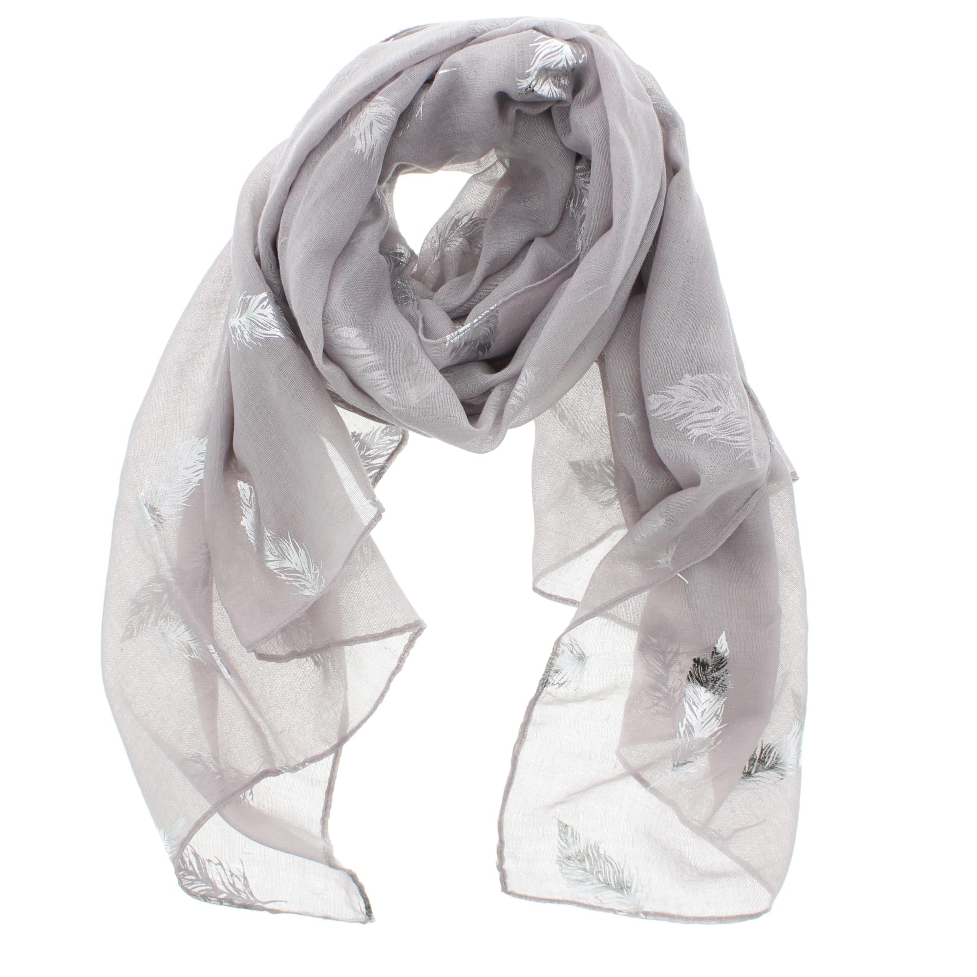 Zac's Alter Ego Women's Silver Scarf With Foil Metallic Glitter Feather Print