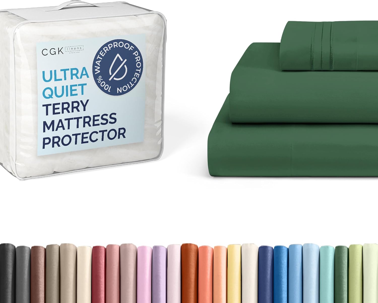 CGK Unlimited Twin XL Size 3 Piece Emerald Green Sheet Set + Twin XL Size Terry Mattress Protector