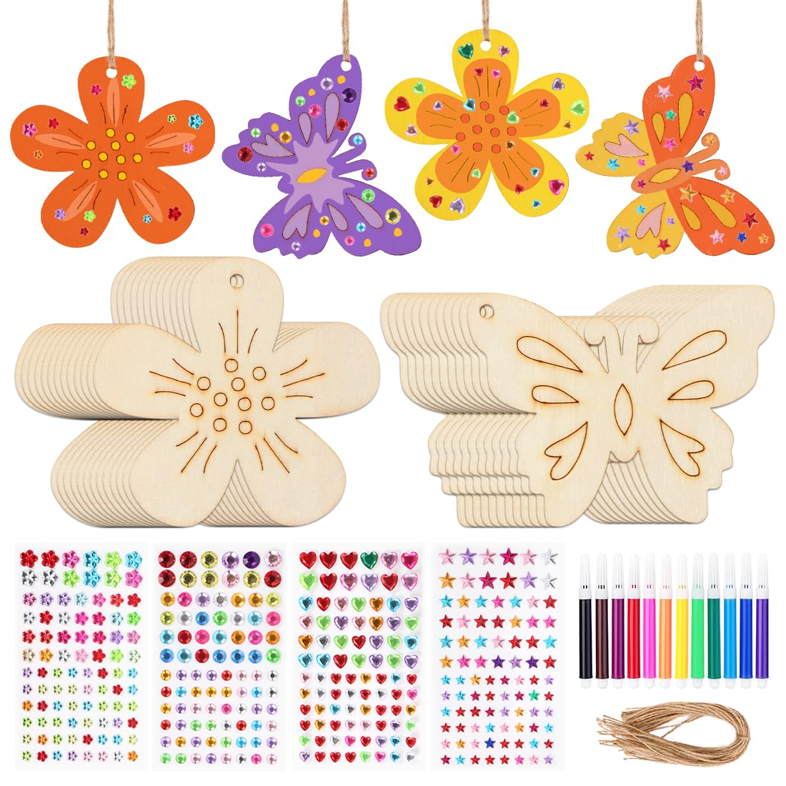 Augesak DIY Wooden Butterfly and Flower, 40 Pieces DIY Kit for Children, Children's Craft Butterfly and Flower Pendant Painting DIY Gift Birthday Activities Crafts for Children