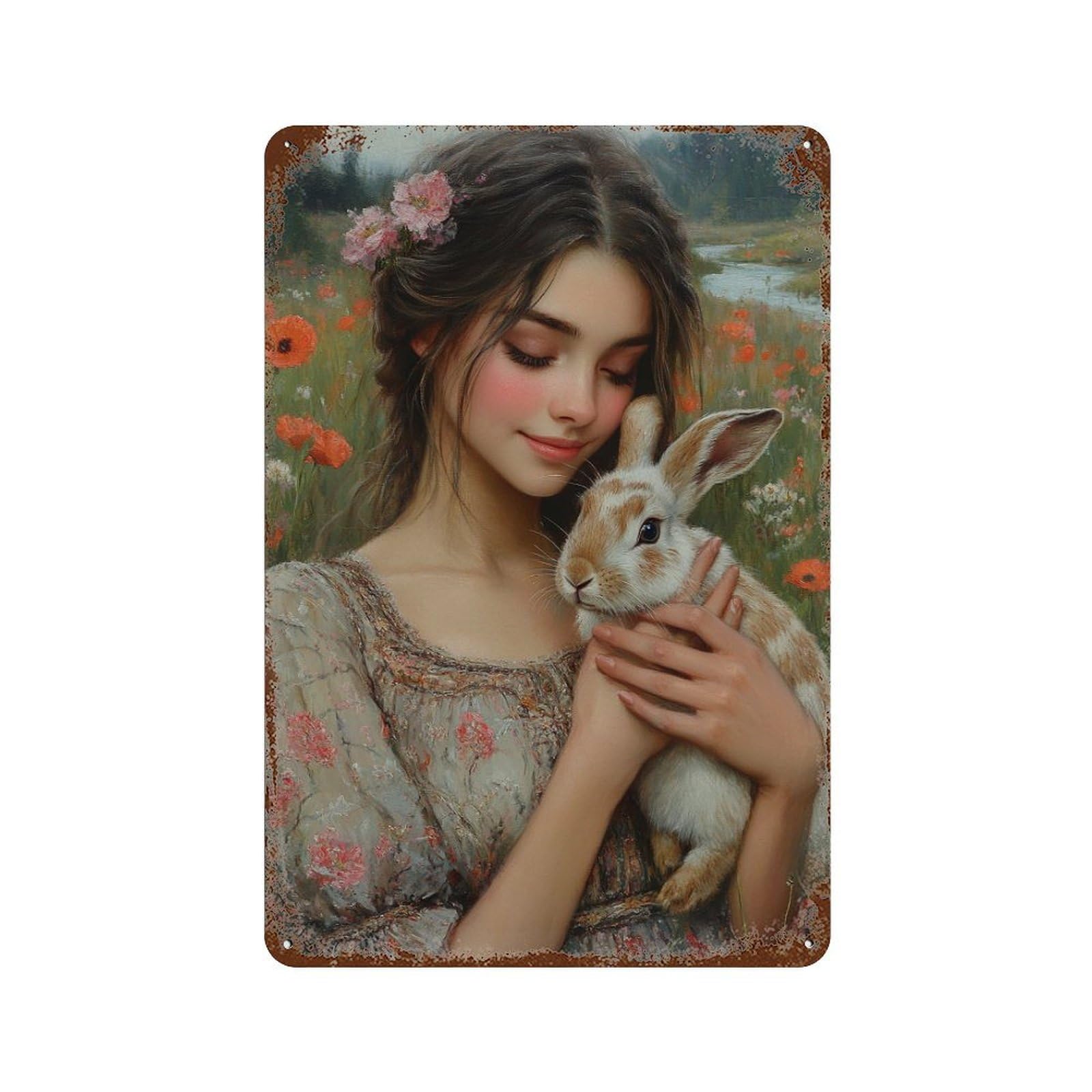 Girl with Rabbit in Garden Rustic Tin Plaque 11.8"x7.9", Industrial Home Decor for Pub, Kitchen And Man Cave Decor