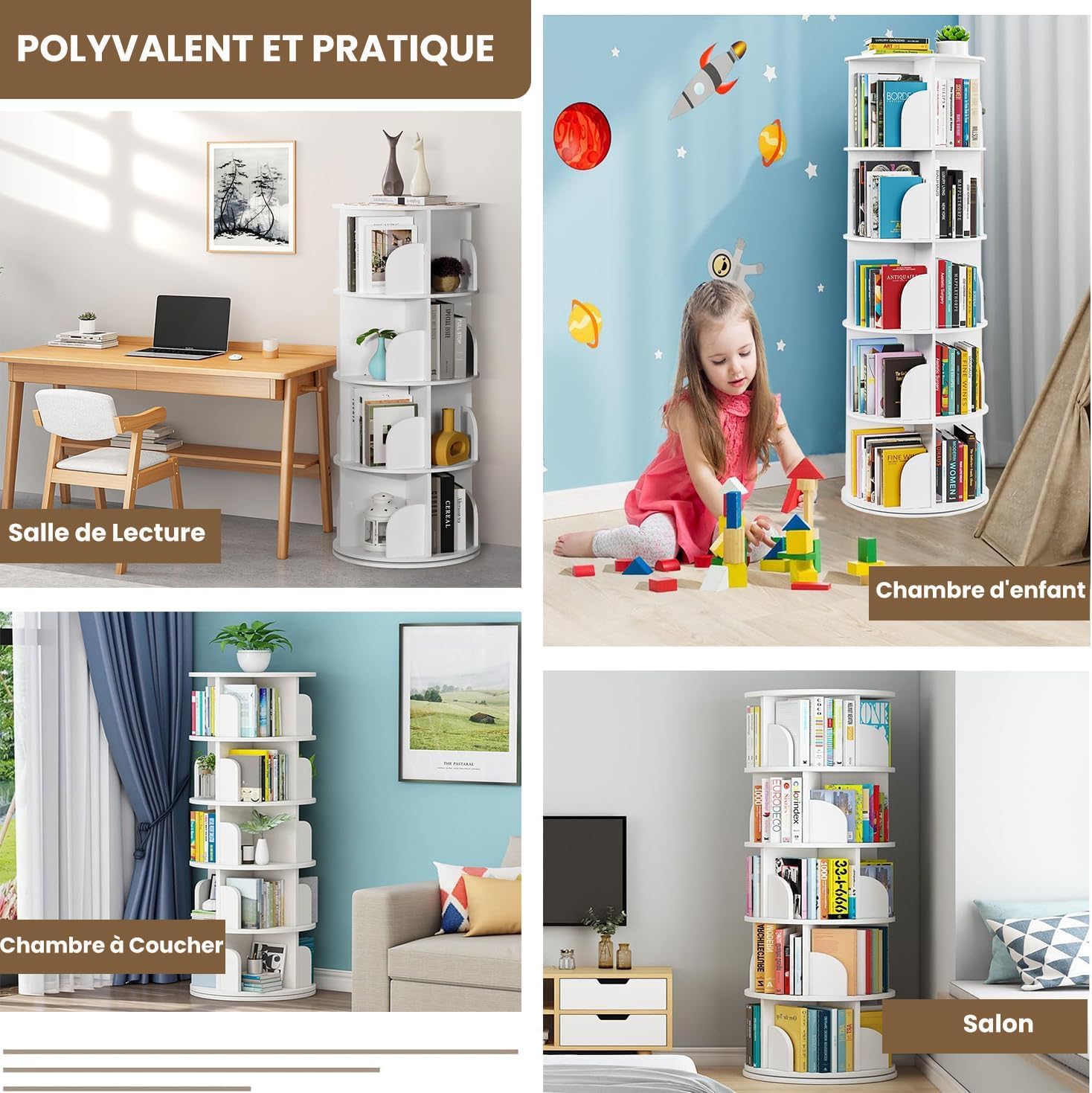 uyoyous Bibliothèque Rotative 360° à 5 Niveaux, Étagère Ronde Gain de Place en Bois d'Hévéa, avec Pare-Chocs Anti-Chute, pour Salon, Chambre, Bureau, Chambre d'enfant, Style Moderne