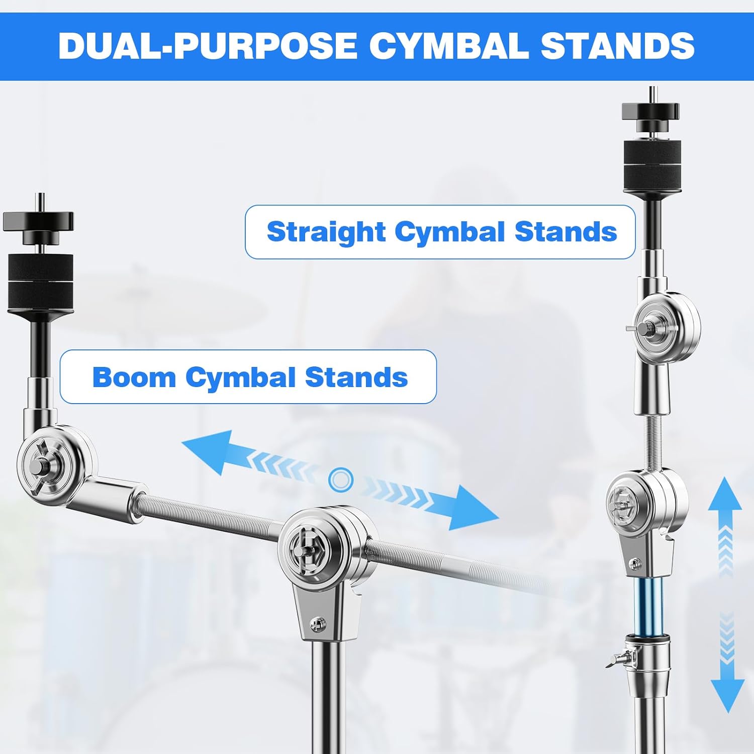 Boom Cymbal Stand, Adjustable Cymbal Stand Boom Stand for Drum Hardware Percussion Mount Holder Gear Set Drum Hardware Set, Double Braced Legs with Rubber Feet Ride and Crash Cymbal Stands
