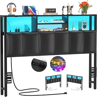 Aheaplus Full Size Upholstered Headboard with Storage, Outlets, USB Ports, LED Lights - Adjustable Height, Reversible, Black