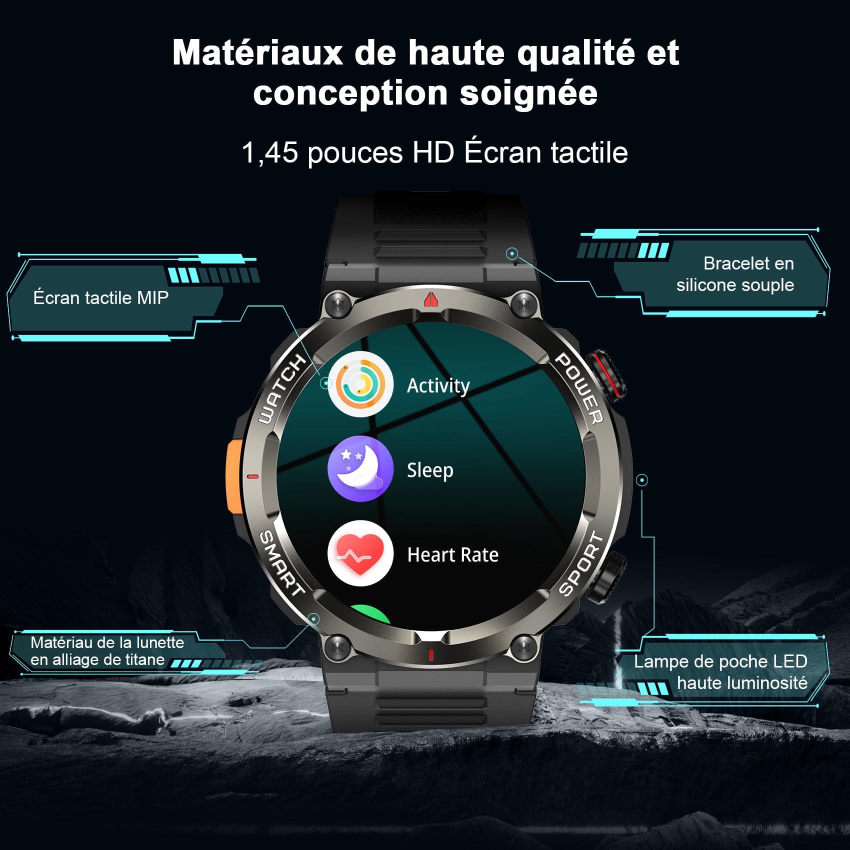 IOWODO Montre Connectée Homme, Appels Bluetooth, Whatsapp, 1,45" HD Ecran Tactile, Analyse Fréquence Cardiaque/SpO2/Sommeil, 120+ Modes Sportifs, IP68 étanchéité, Boussole, Android/iOS