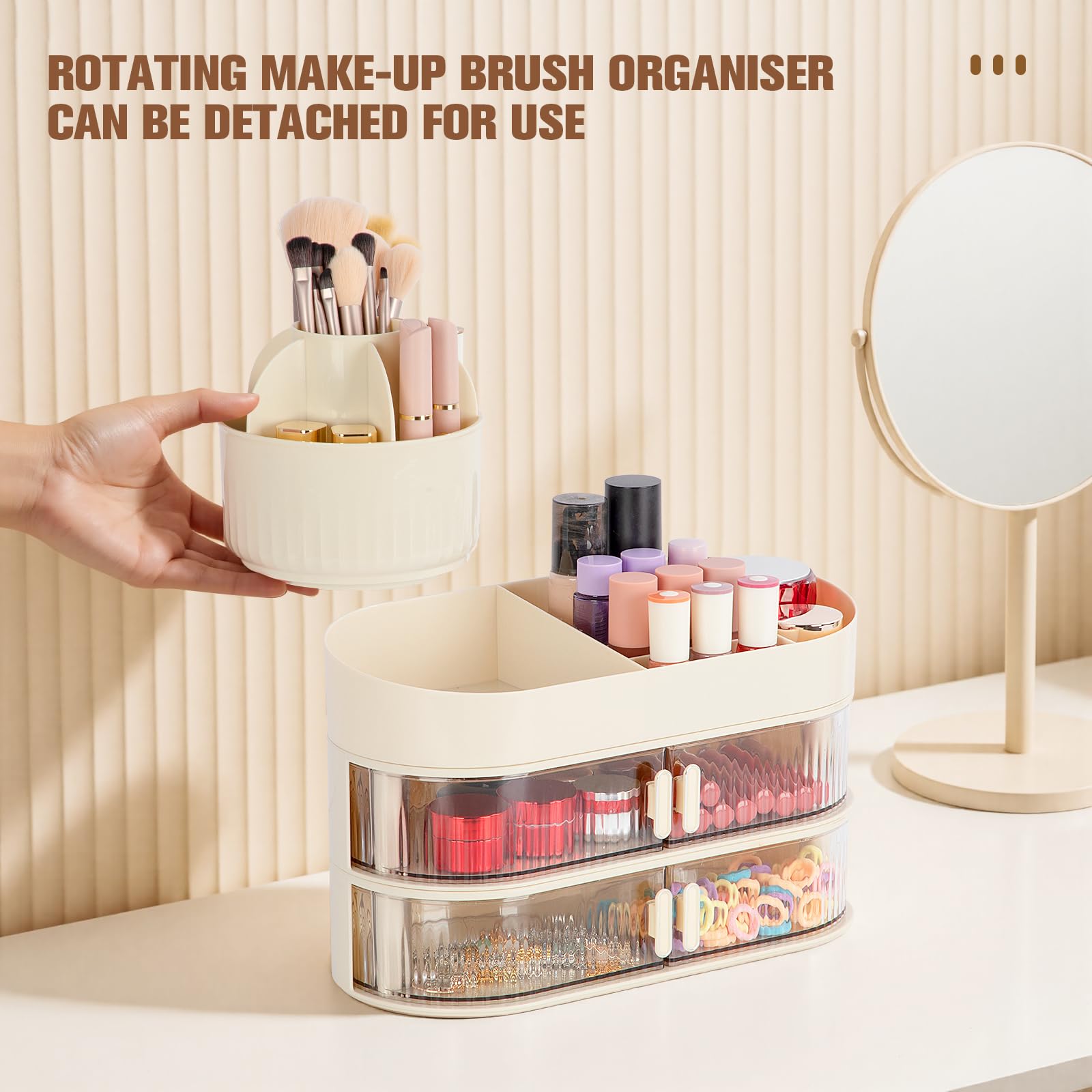 FoiiLiio Make Up Organizer per Cosmetici con 2 Rotazione Cassetti, Grande Porta Cosmetici Multifunzionale con Rotazione a 360°, per trucco adatto per gioielli, spazzole, rossetto e creme (Beige)