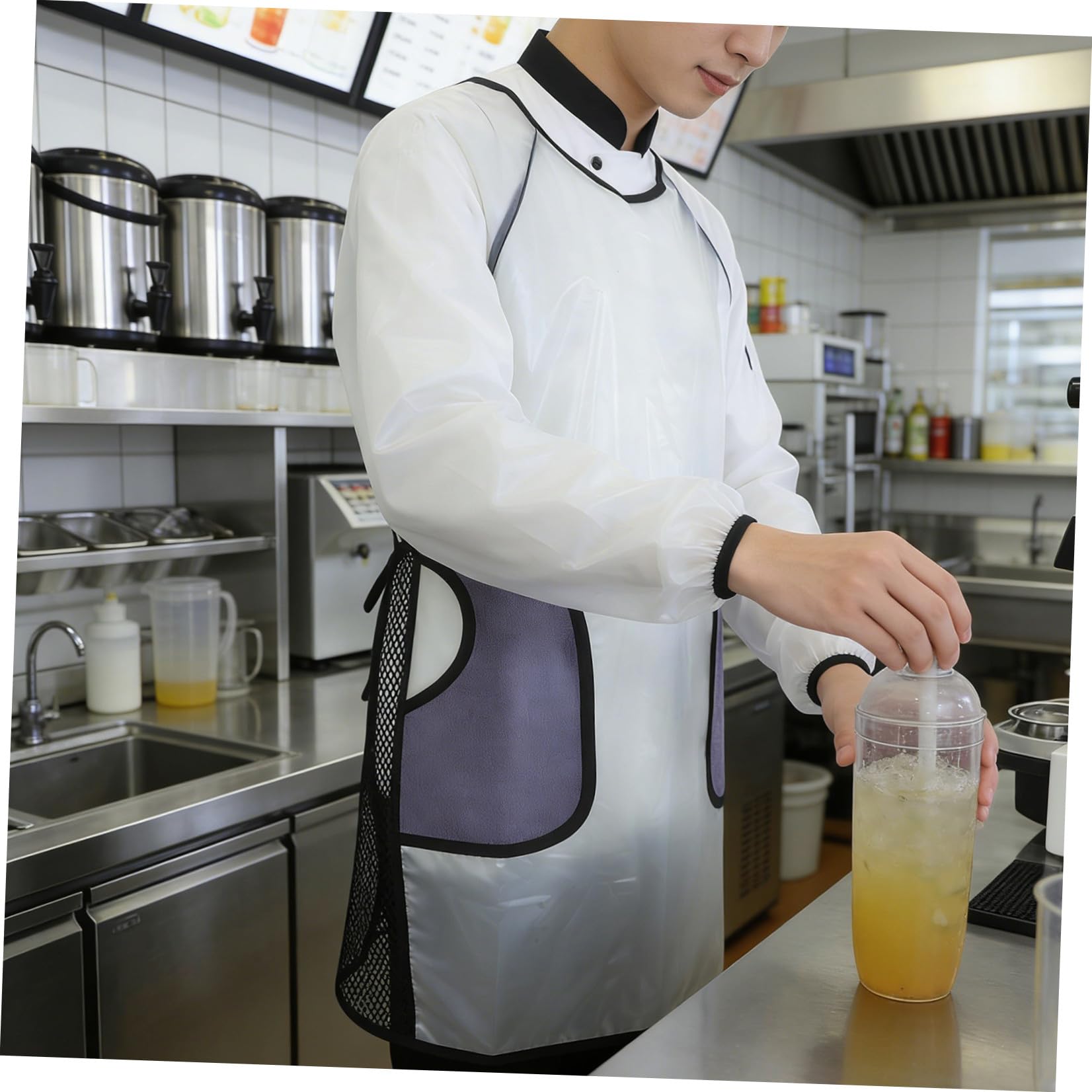 Healeved Grembiule da Cucina con Maniche Lunghe e Tasche per Pulire le Mani Pvc Trasparente Antischizzi con Chiusura Strappo per Lavaggio Piatti e Giardinaggio Nero