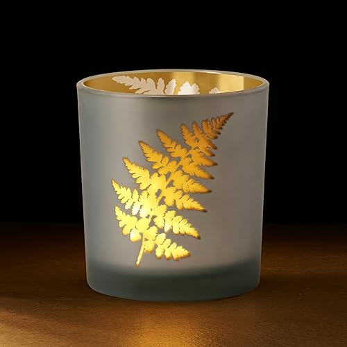 Miniatura 9 de Jarrón de vidrio esmerilado con motivo de helecho, acento decorativo de 5 pulgadas de alto en acabado de espejo azul esmerilado y dorado para flores