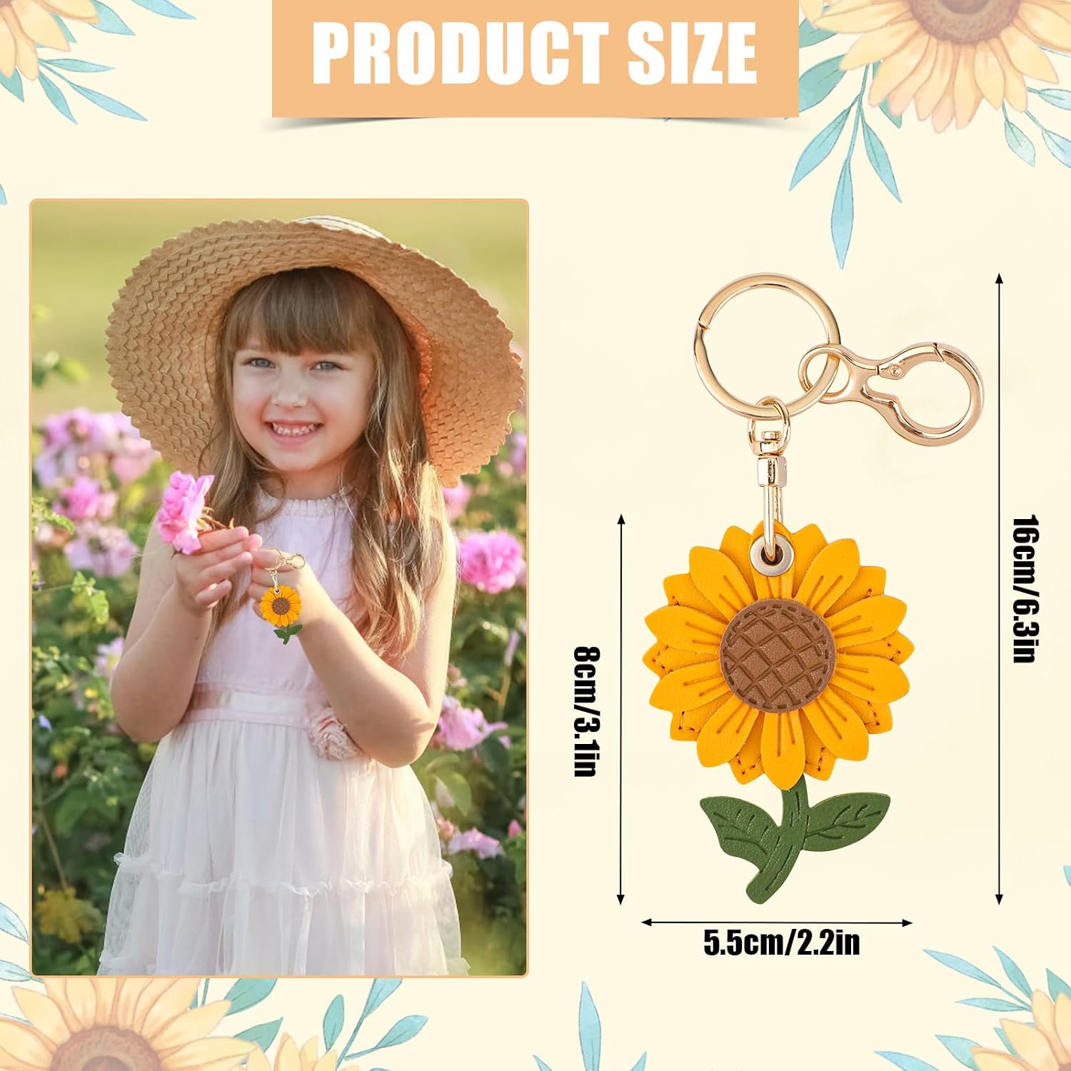 Gosknor Sunflower Keychain Compatible With AirTag, Cute Leather Keychain image 2