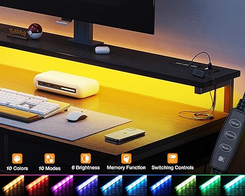 Miniatura 4 de ODK Escritorio pequeño para computadora de 40 pulgadas con 3 cajones y puerto de carga USB y toma de corriente, escritorio de oficina con luz LED,