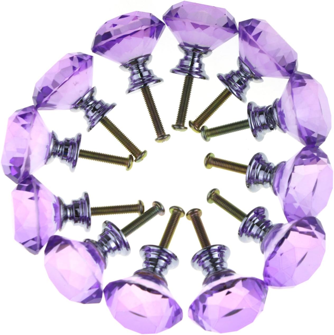 YUYIKES 30mm Diamond Shape Crystal Glass Cabinet Knobs Purple 12 Pack for Drawer, Chest, Bin, Dresser, Cupboard (12 pcs of purple)