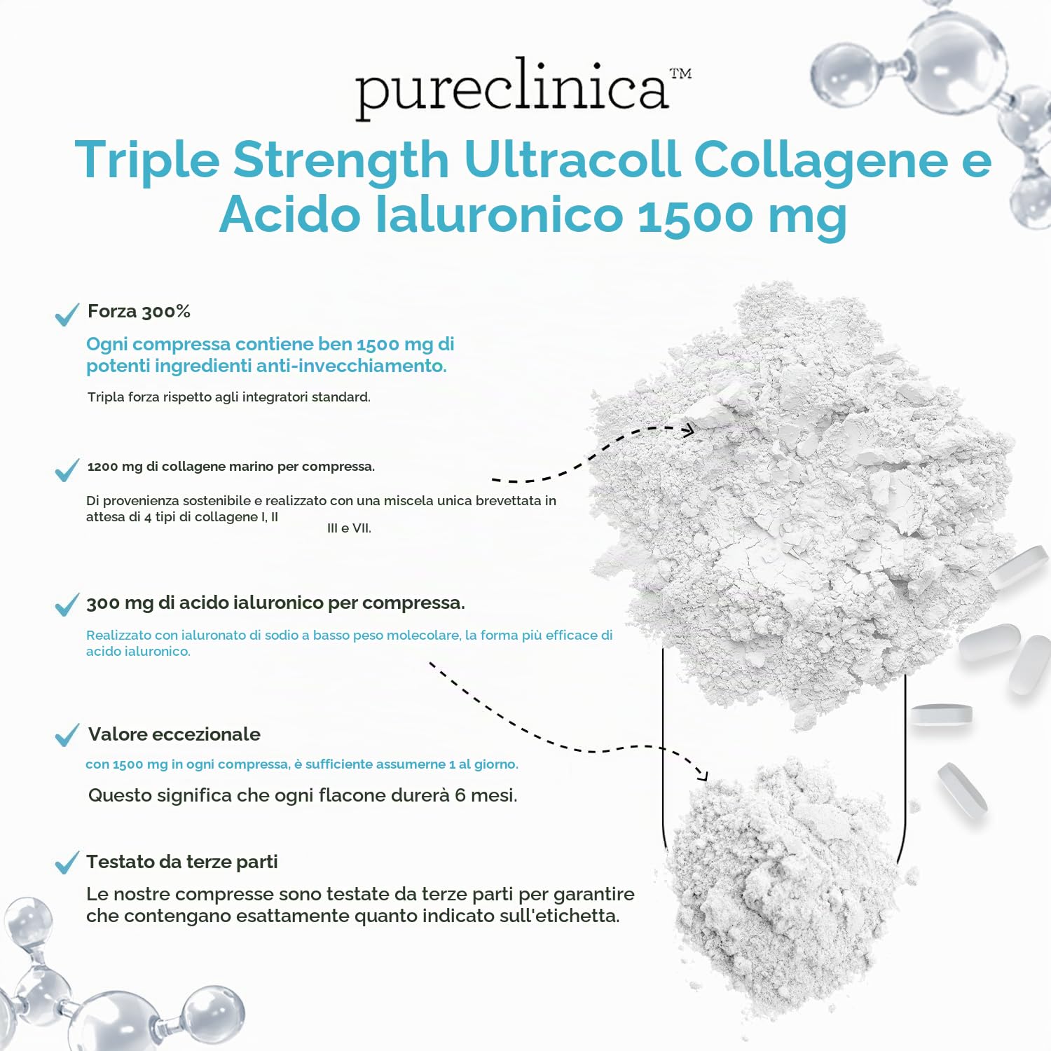 1500mg di collagene UltraColl (1200mg) e acido ialuronico (300mg) x 720 compresse (4 bottiglie da 180)