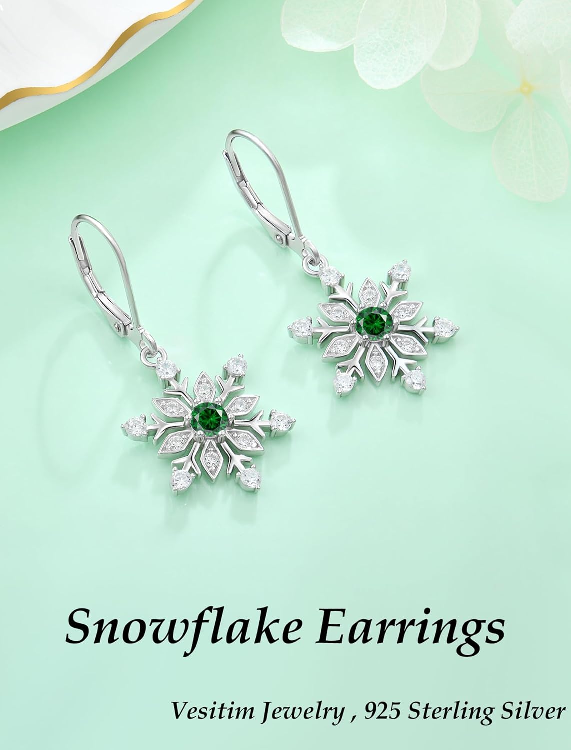 Snowflake Earrings for Women 925 Sterling Silver Winter Dangle Drop Earrings Birthstone Leverback Jewelry for Christmas - Image 4