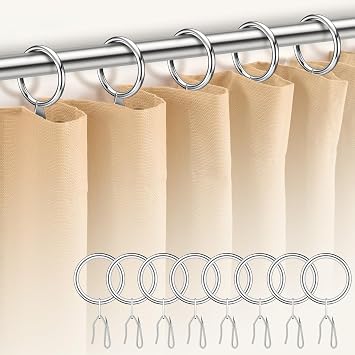 Dpyrrhic Silver 60Pcs Metal Curtain Rings and 60 Pcs Curtain Drapery Pin Hooks,Curtain Hooks for Drapes,32mm Internal Diameter for Window, Shower Curtain
