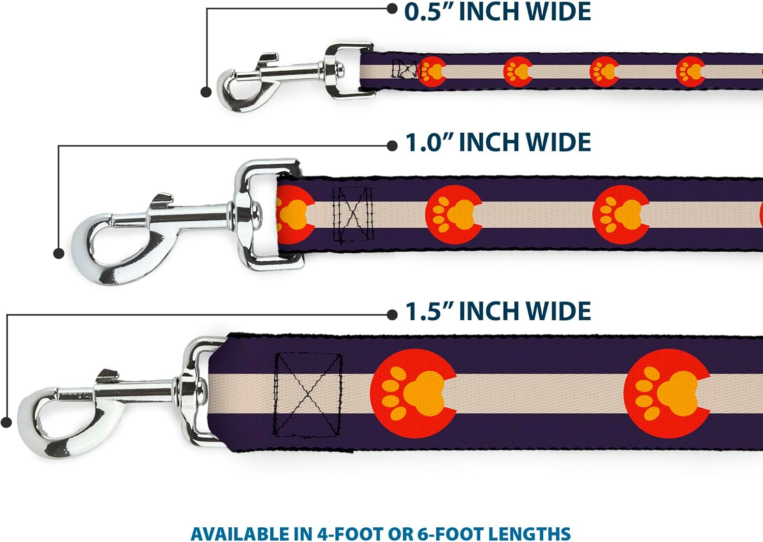 Dog Leash Colorado Flag Paw Print 4 Feet Long 1.5 Inch Wide