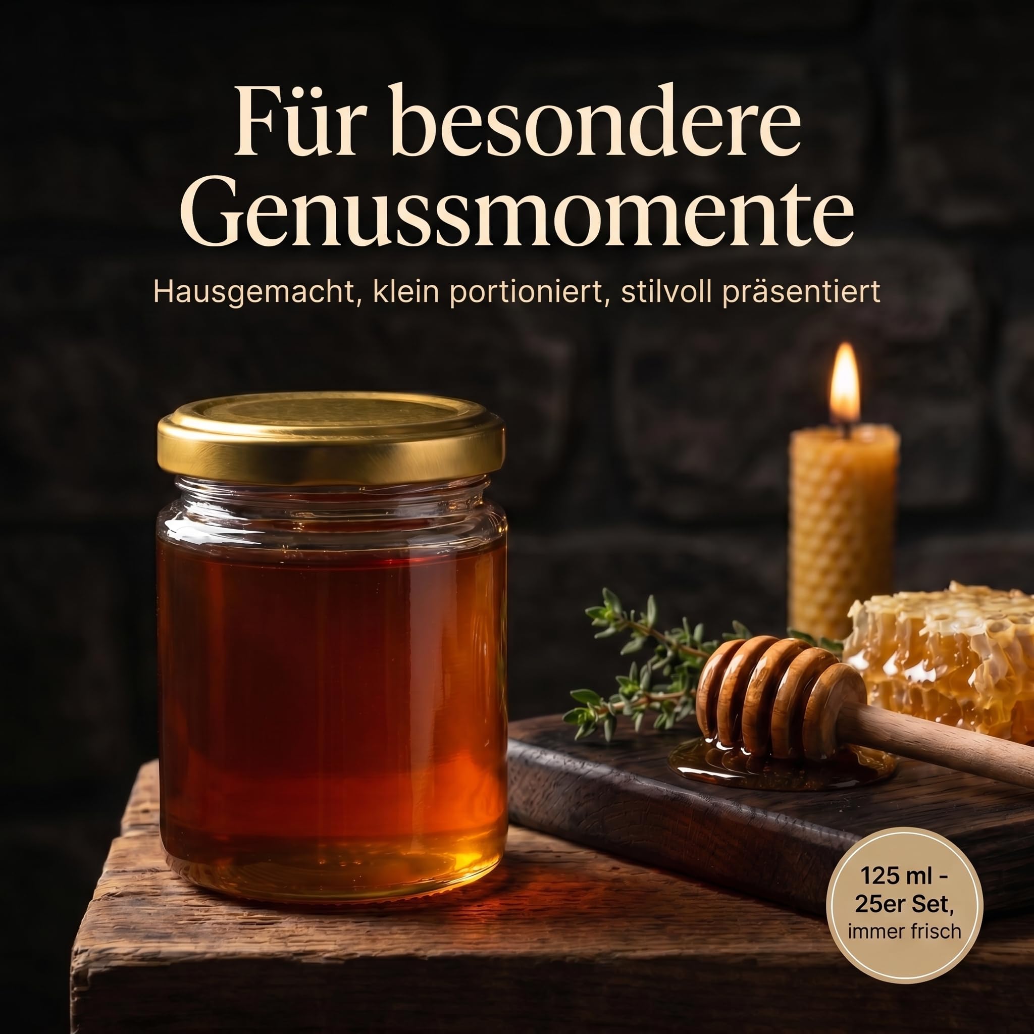 gouveo set da 25 barattoli per conserve rotondi (0,125 l) con chiusura Twist-Off TO 53 coperchi in metallo color oro vasetti piccoli per marmellata miele spezie dessert (HEG125G)
