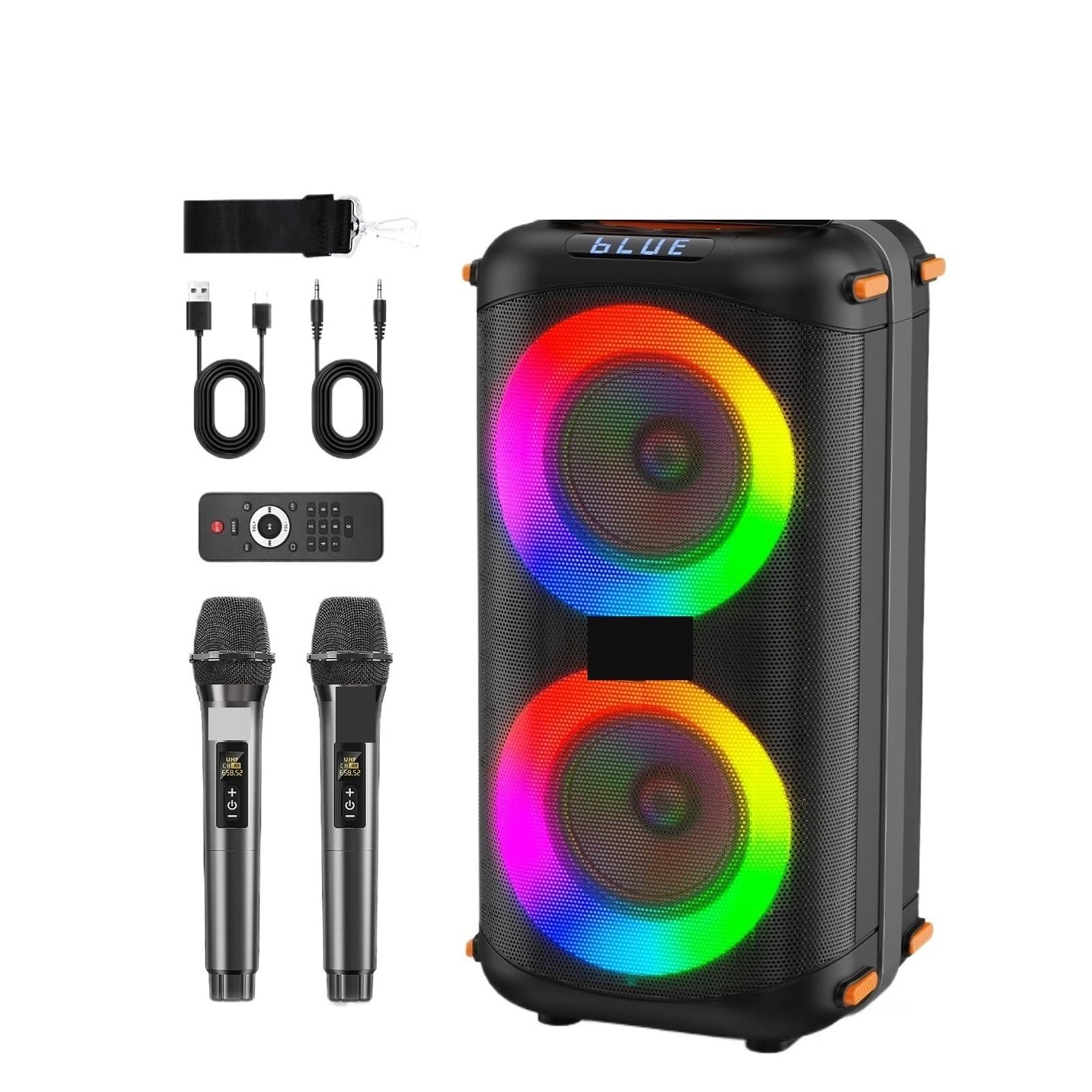 Altavoz Karaoke Con 2 Micrófonos Inalámbricos, Sonido Potente Graves Profundos, Luces DJ 360°, Compatible USB/TF/AUX CaptacióN De Sonido NíTida