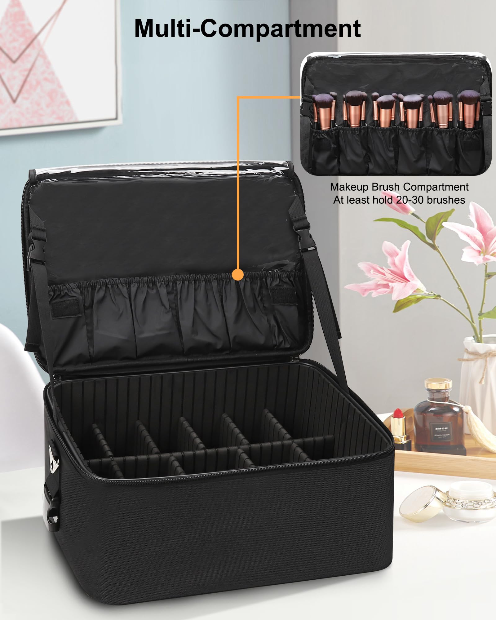 Relavel Trousse de Maquillage Extra Large Professionnelle avec 3 Sacs Transparents et Plateau à Rouge à lèvres pour maquilleurs, Noir, Extra Large, Trousse de Maquillage Professionnelle pour