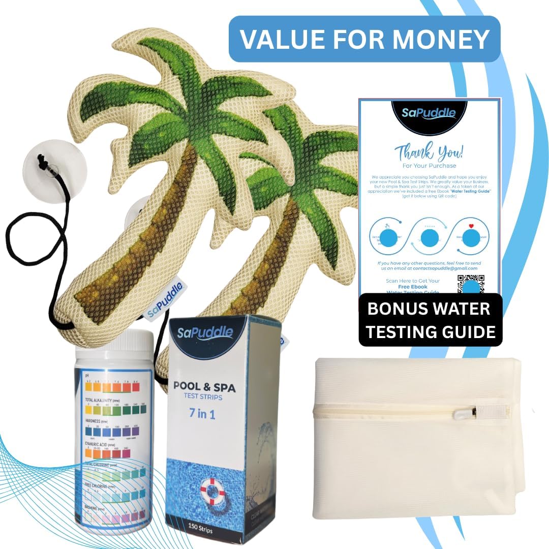 Premium Pack of 2 Hot Tub Scum Absorber for Swimming Pools with 150 Water Test Strips - Pool Scum Absorber for Spa Hot Tubs - Washable Scum and Oil Absorbing Sponges for Pools Sponge Oil Absorber