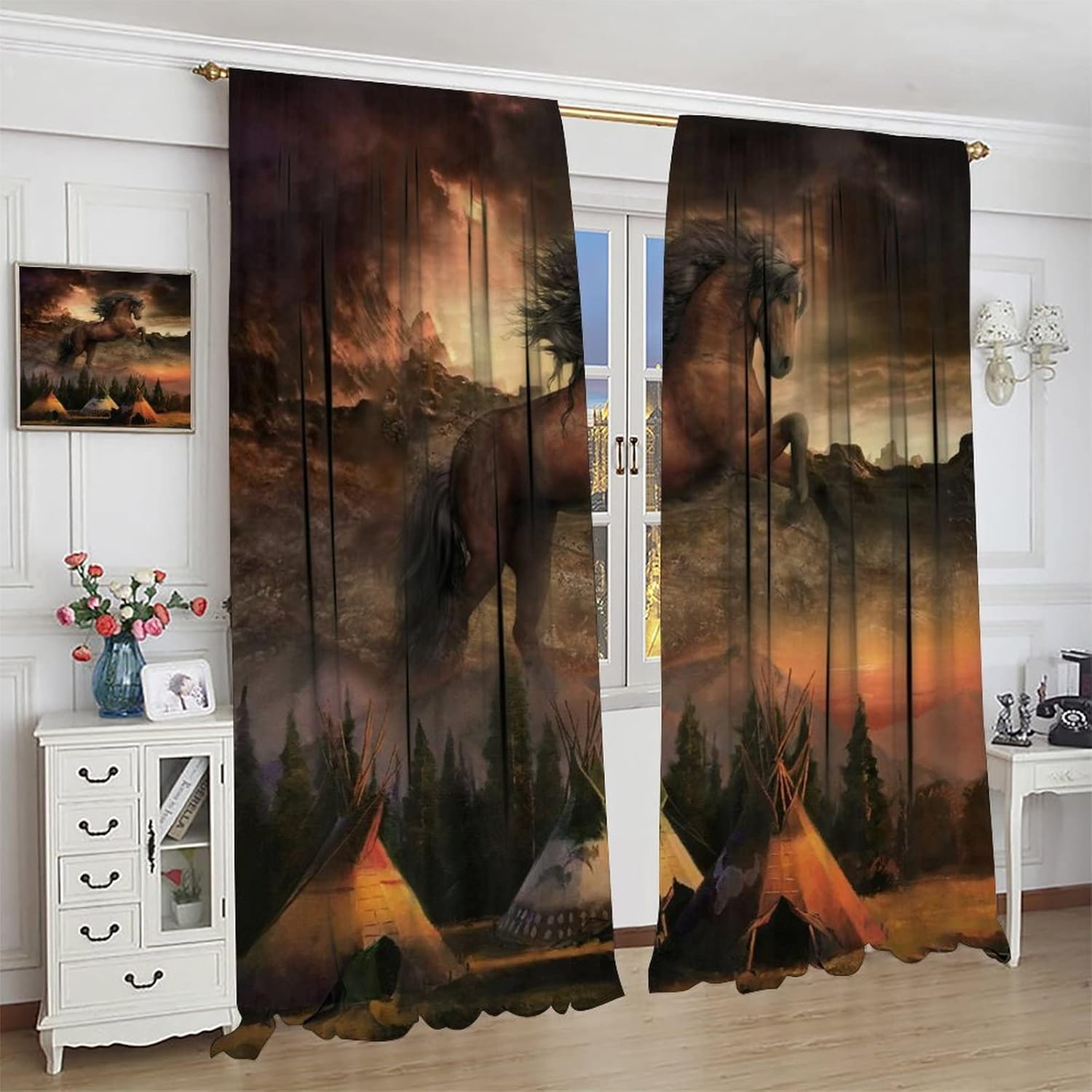 Abstract Indian Tribal War Horse Blackout Curtains for Bedroom,Rustic Western Forest Wild Animal Horse Window Drapes - Thermal Insulated and Noise Reduction,2 Panels 63L x 27.5Ws