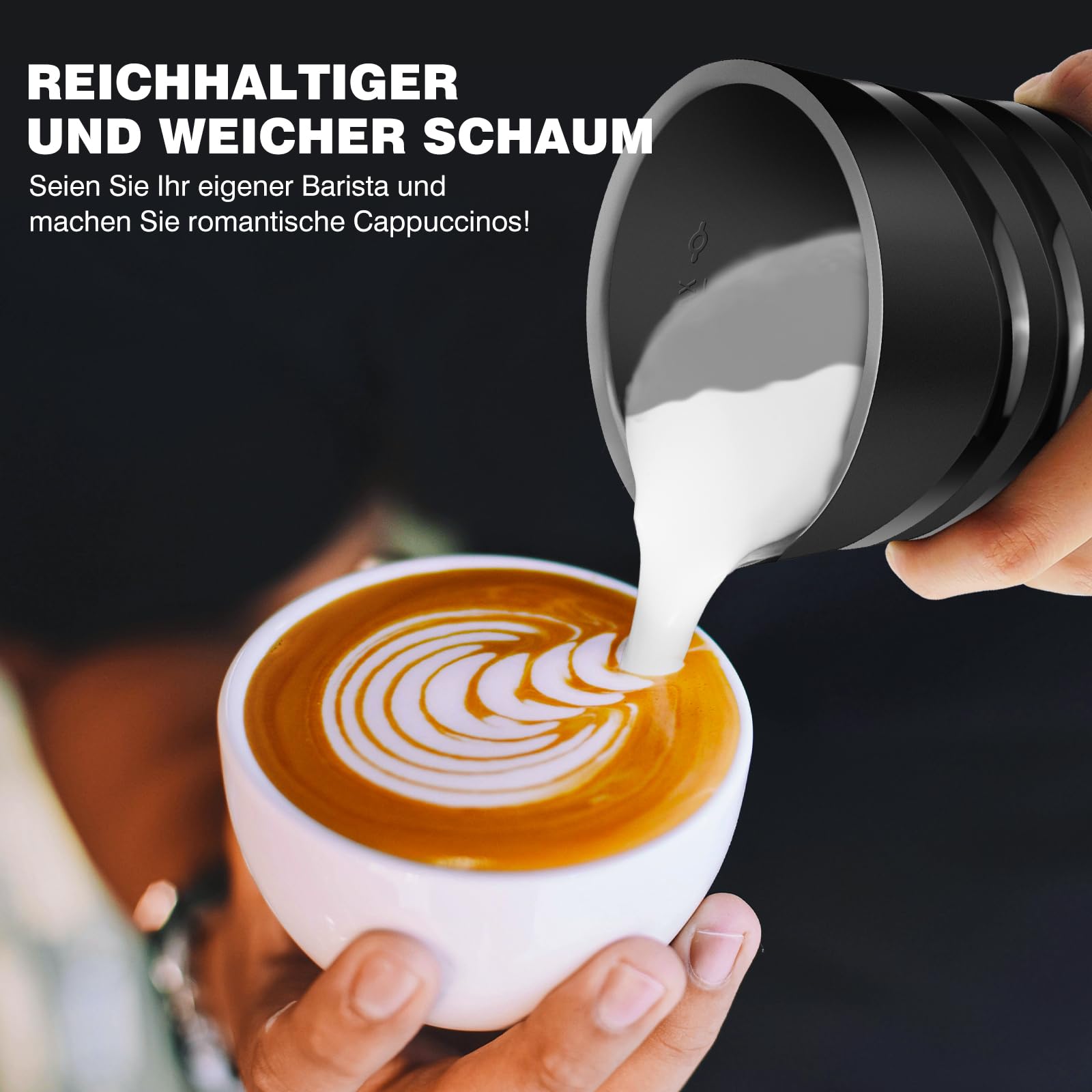 Montalatte elettrico 4 in 1, capacità 600 ml, in acciaio inox, rivestimento antiaderente, schiuma di latte calda e fredda, per latte macchiato, cappuccino e cacao (nero)