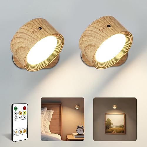 Wall Lights, Rechargeable Magnetic Wall Sconce with Remote, Wood Grain-2Pcs