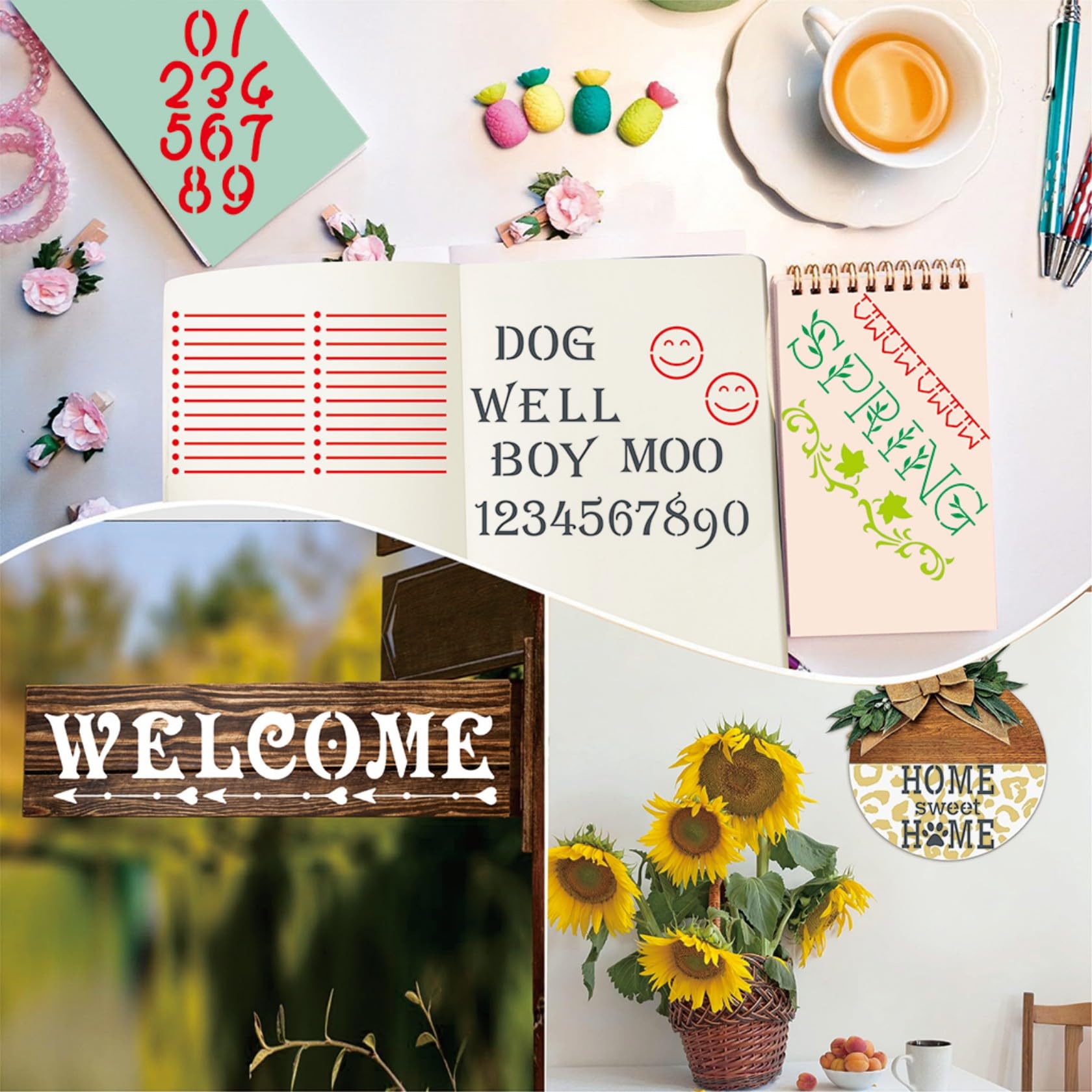 40 pezzi Lettera Stencil per la pittura 10.2 x 17.8cm Alfabeto riutilizzabili in plastica Numeri modelli di carattere per Notebook Journal, Diario, Scrapbook Decor Supplies
