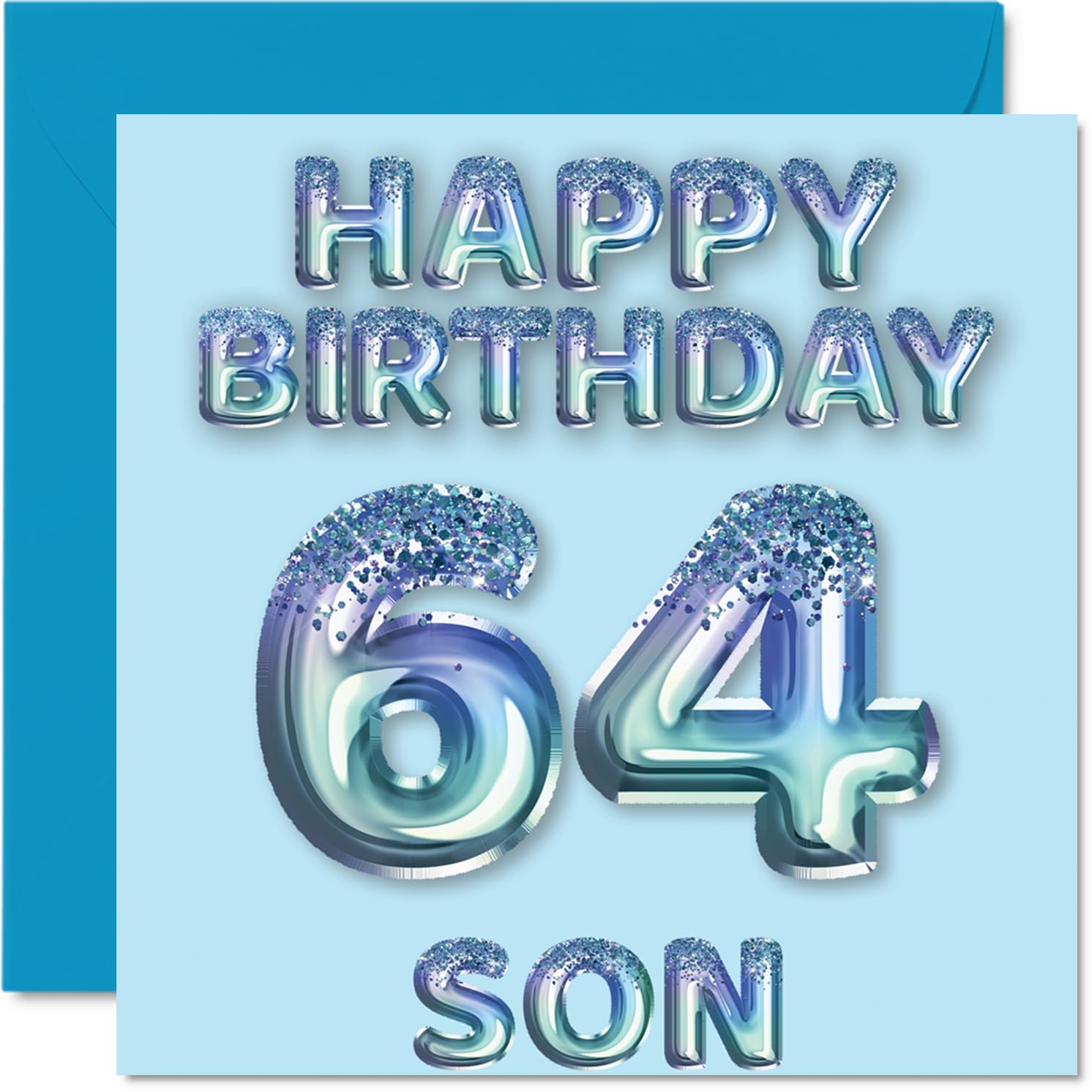 64th Birthday Card for Son, Blue Glitter Party Balloons