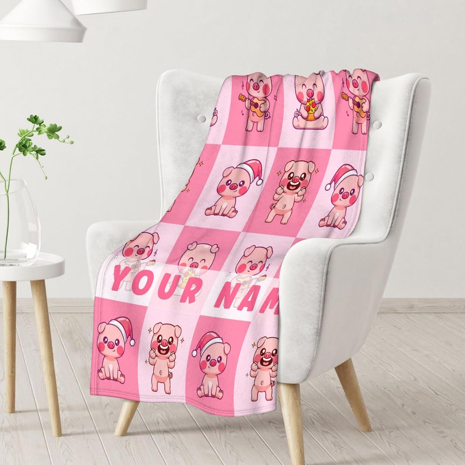 Custom Pig Blanket Gifts with Name - 60 x 80 Inches Cute Pig Lover Blankets for Adults Women - Pink Soft Fuzzy Throw Blanket Stuff Gifts for Sofa, Bed