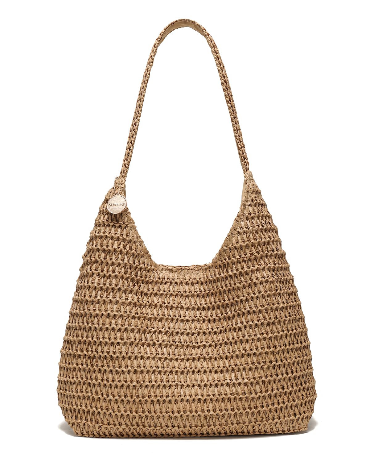 SUANNI khaki Straw Beach Bag for women, Woven Tote Hobo Bags, Lightweight Casual Boho Summer Tan Shoulder Handbag, Packable Mesh Everyday Purse for Holiday Shopping Travel