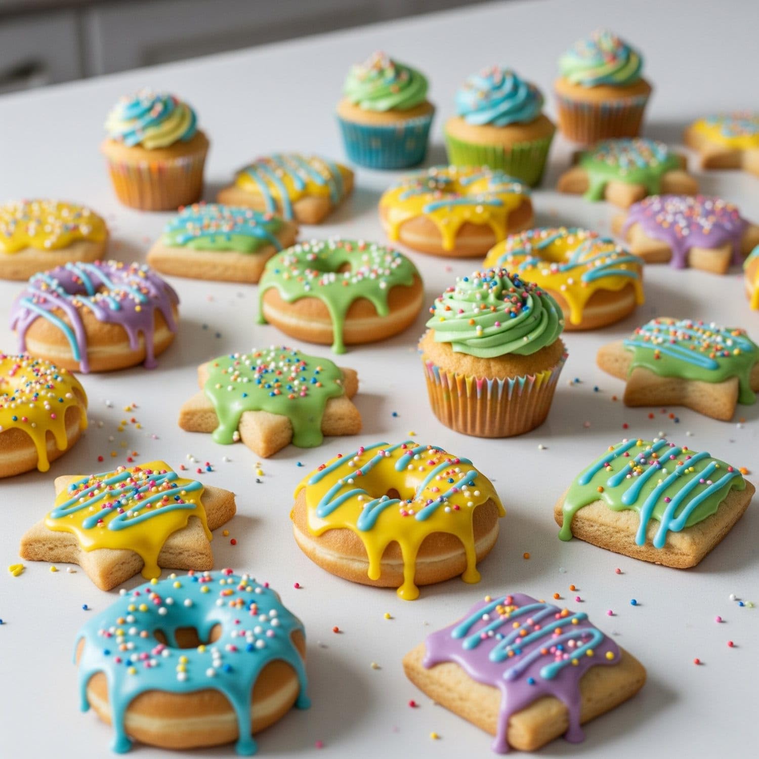 AOS Set | Cake Drip Candy & Fun 4er Set 4x 250g | Grün, Hellblau, Gelb, Lila | Vanille Geschmack | perfekt für Glasuren von Kuchen, Cupcakes, Kekse | wiederverschließbare Qutschflaschen