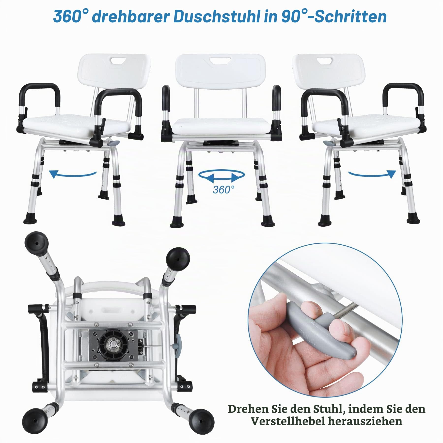 NArra 360° Drehbarer Duschhocker, Höhenverstellbarer Duschstuhl mit Rückenlehne Armlehne, Sitzhocker Belastbar bis 180kg mit rutschfesten Fußpolstern, Badestuhl für Schwangere, Ältere, Behinderte