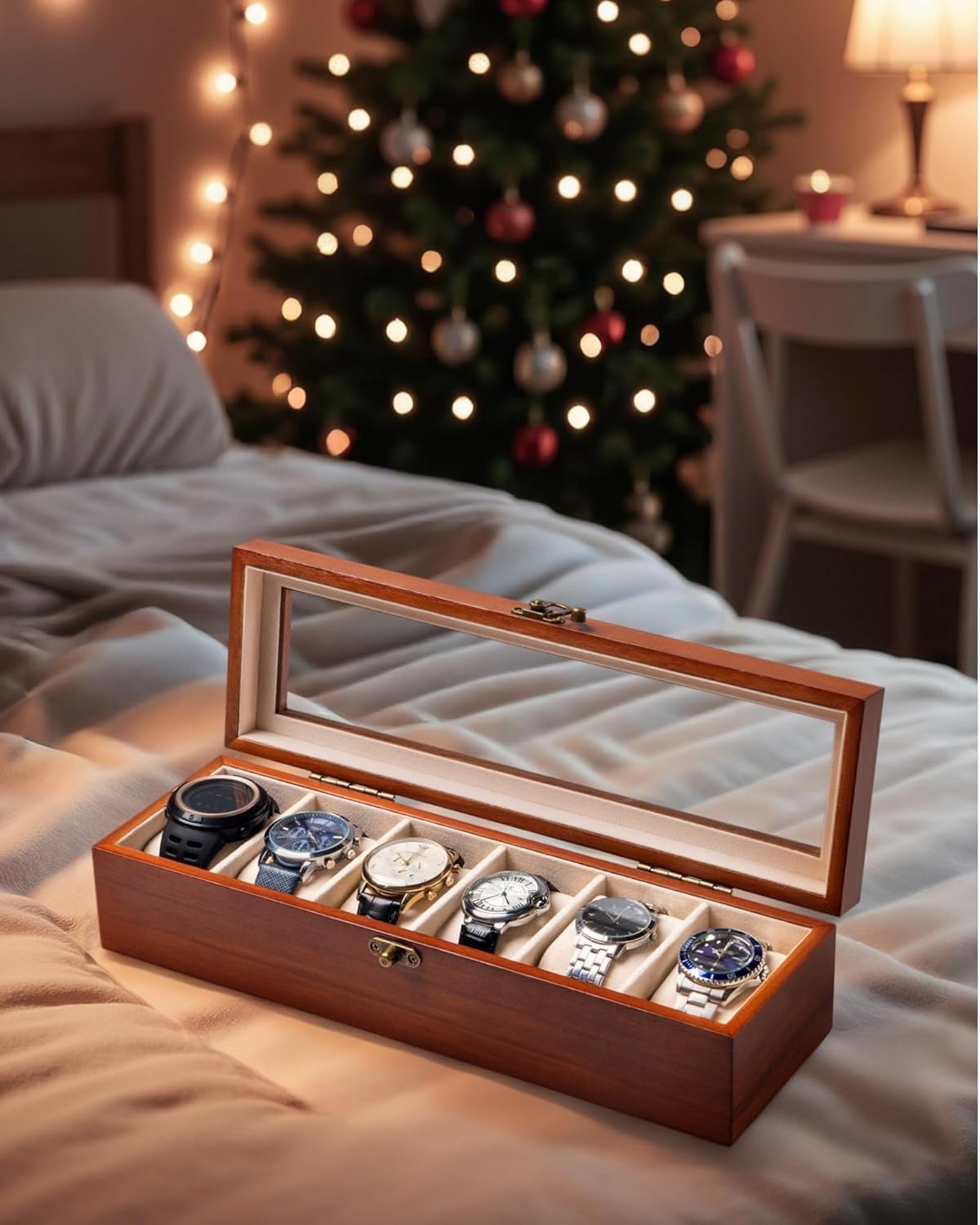 Watch Box, Watch Case for Men Women with Large Glass Lid, Wooden Watch Display Storage Box with 6 - Slots, Classic Walnut Mens Watch Box Organizer