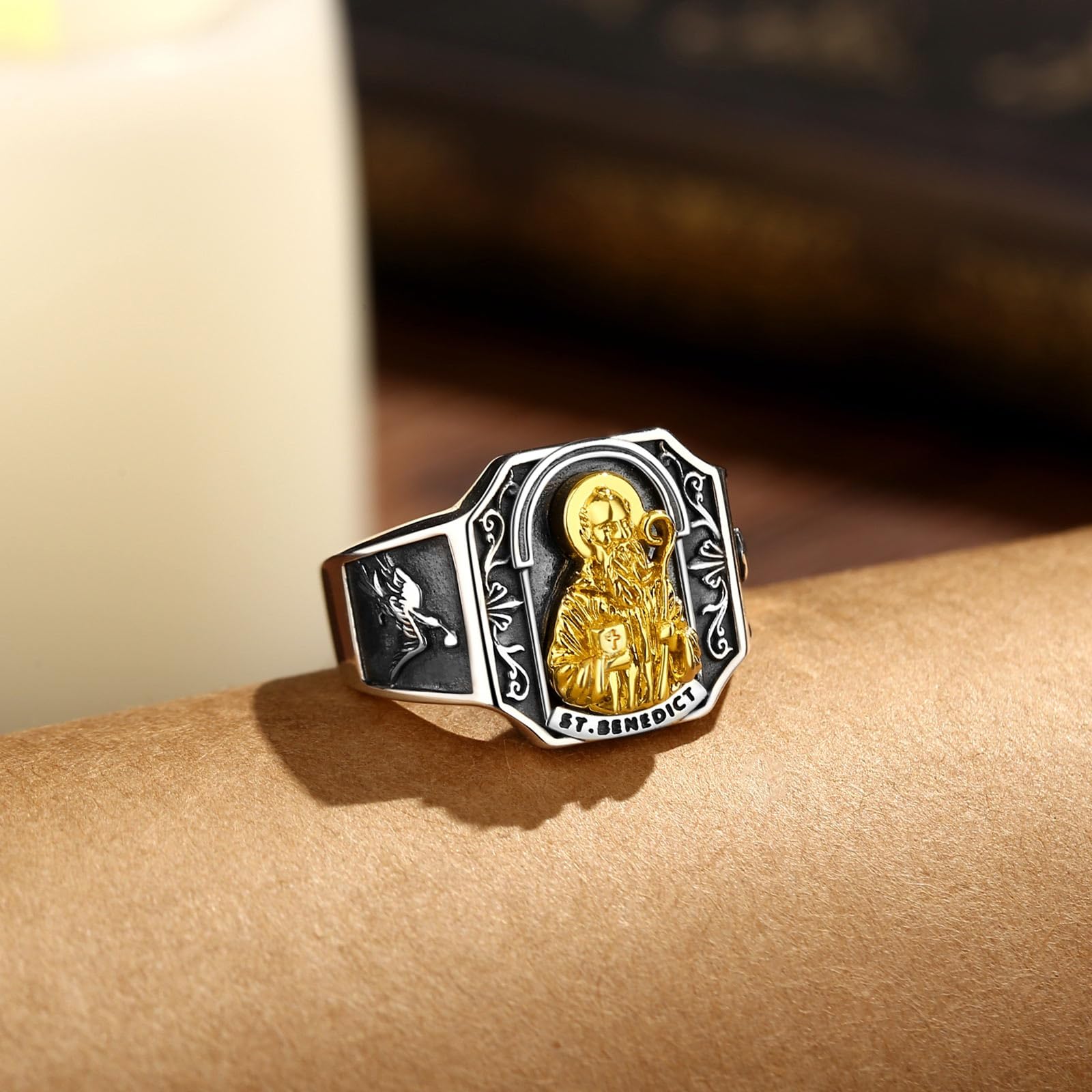 AEONSLOVE Anillo Cruz de San Benito/San Miguel Arcangel Plata de Ley 925 para Hombre Mujer, Anillos Crucifijo Jesus/Cristóbal/Judas, Anillo Abierto Ajustable de Pulgar Joyeria Religiosas