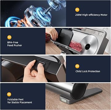 Meat Slicer, 200W Electric Meat Slicer Machine Foldable with 2 Removable 7.5 Blade, 0-15mm Adjustable Thickness for Home Use, Meat, Cheese, Bread