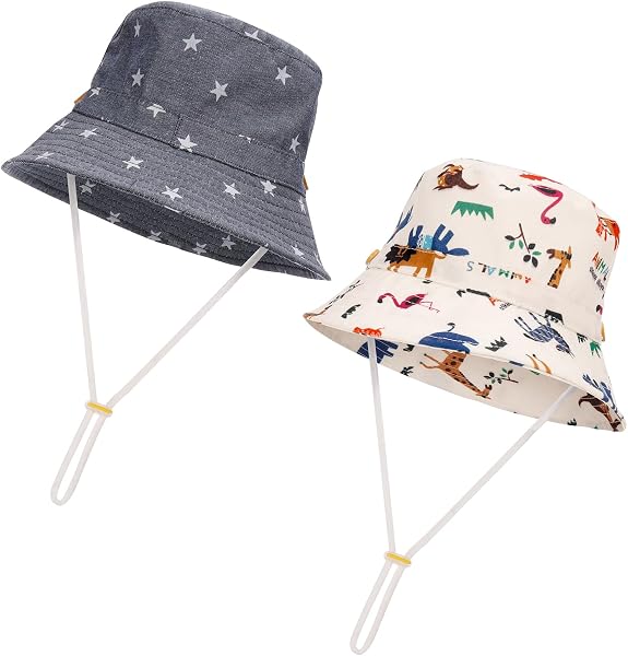2 Pieces Toddler Sun Hat Kids Bucket Sun Hat Baby Cute Print Summer Hat with Adjustable Head Drawstring and Chin Strap Outdoor Kids Summer Protection Bucket Hats - 1