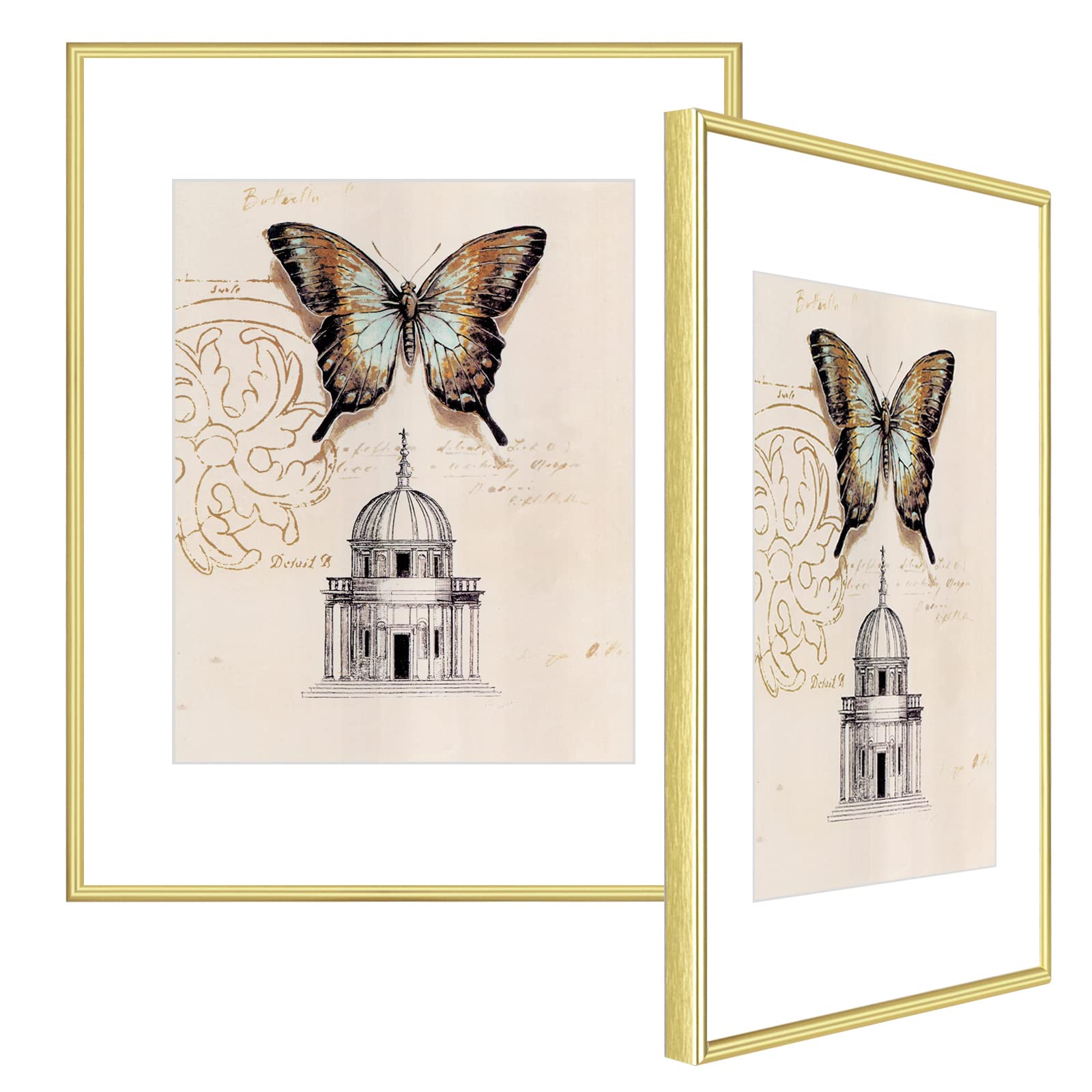Photo 1 of 8.5x11 Picture Frame Gold Brushed Thin Metal Set of 2 with Certificate Document Frame for Wall and Tabletop Aluminum Photo Frames Display 8.5 x 11 without Mat or 5x7 with Mat (2 pack) Gold Brushed 8.5x11