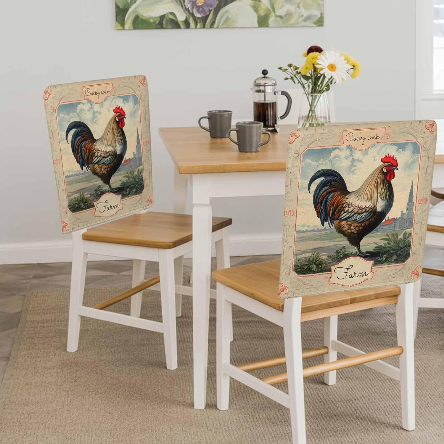 Farm Rooster Chair Back Covers Retro Animal Theme Set of 4 Dining Room Stretch Slipcovers, Removable Seat Protector for Kitchen Home Hotel Decor