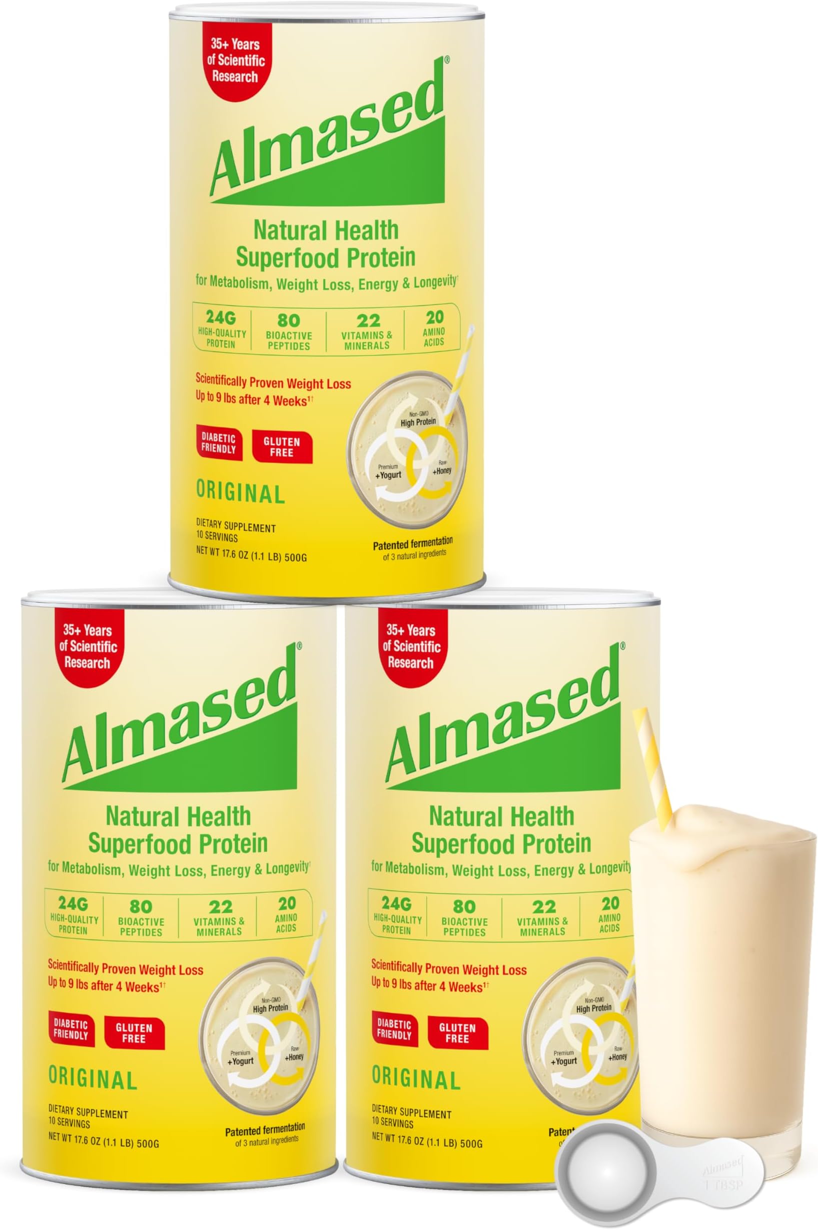 Almased Protein Powder for Weight Loss Kit for Men & Women, Natural Meal Replacement Shake for Weight Loss, Supplement, 27 Grams of Protein Per Serving (Original Flavor, 3 Cans @ 17.6 oz ea + Scoop)
