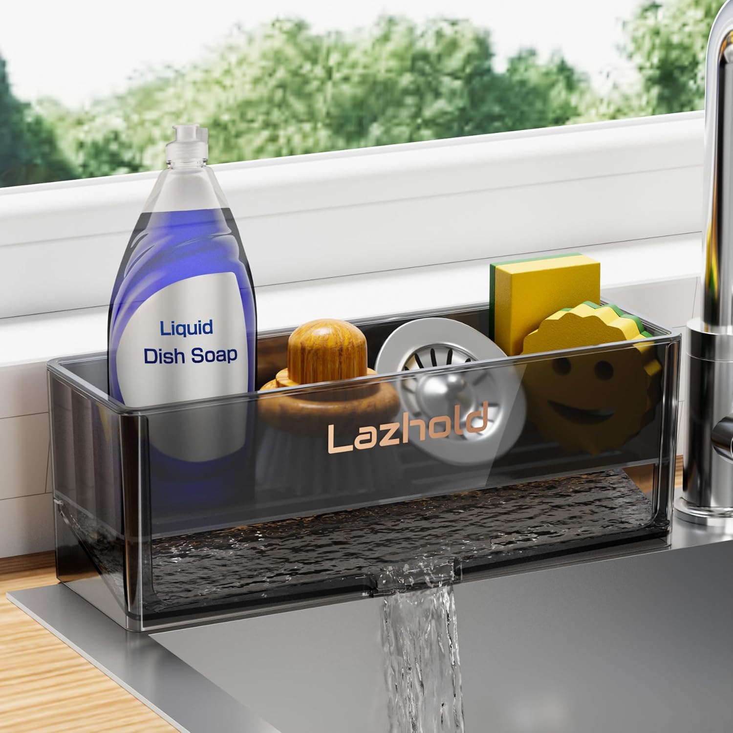 Sponge Holder for Kitchen Sink, Plastic Sink Caddy with Removable Rack & Large Capacity & Self Draining Outlet, Bathroom Counter Organizer for Kitchen Storage & Organization (Black)