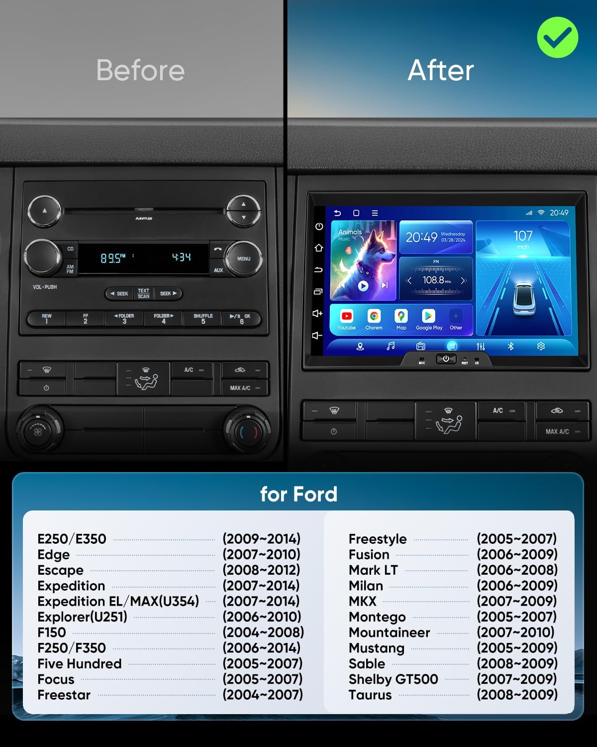 Before and after installation comparison of the car stereo, showing the original Ford dashboard and the new GTRUI Android stereo, with a list of compatible Ford models