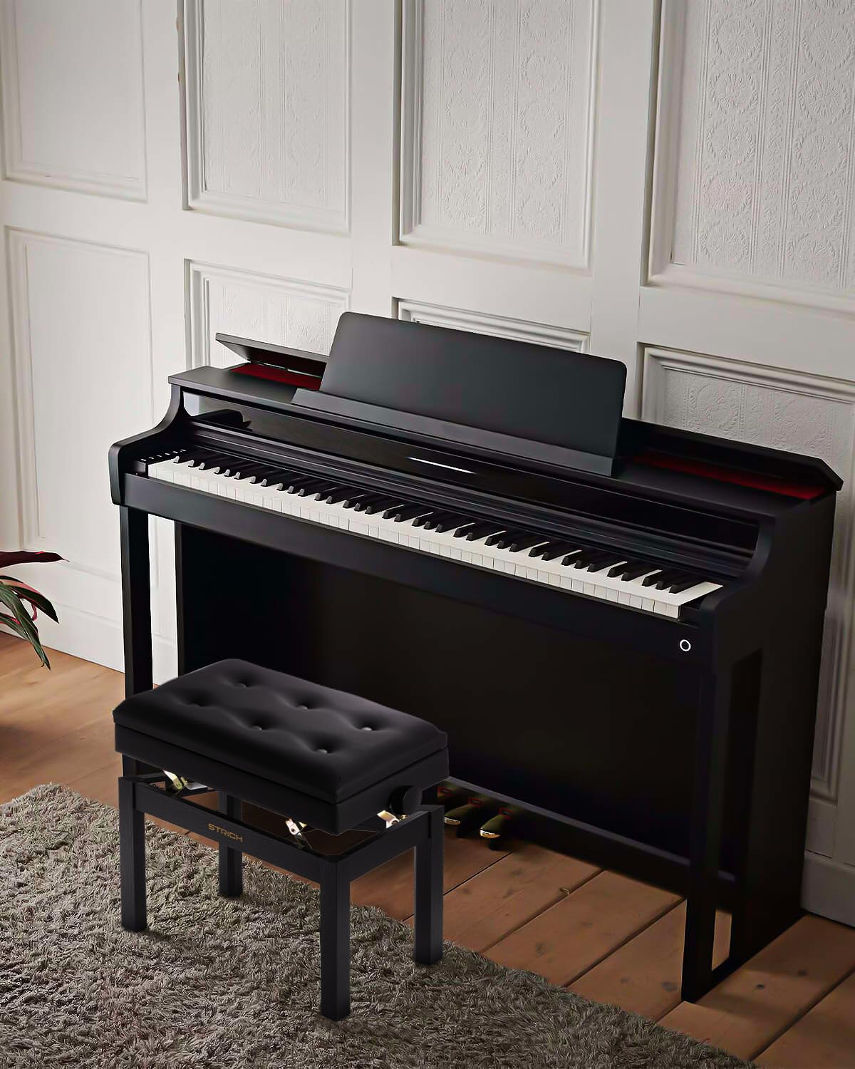 STRICH Klavierbank Höhenverstellbar mit Stauraum, Solid Wood Keyboard Bench Piano Bookcase Stool Chair Seat with High-Density Sponges Cushion, SPB-20