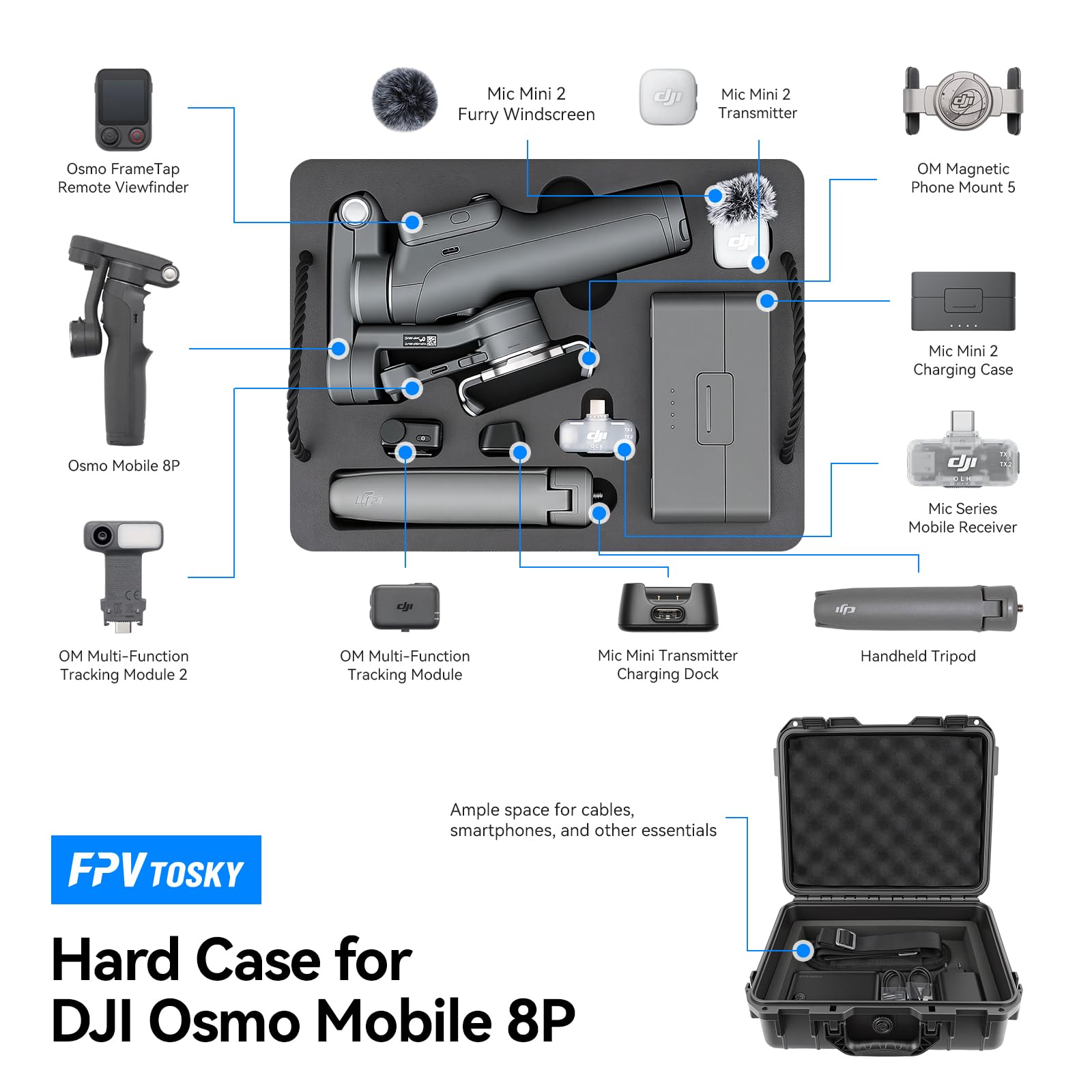 FPVtosky Doppeldecker Hartschalenkoffer für DJI Osmo Mobile 8P Kreativ Combo, Große Kapazität, Eva-Schaum, Wasserdicht, Stoßfest, Koffer Geeignet für Osmo Stabilisator & Zubehör, Geräte-Organizer-Box