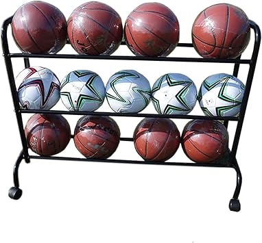Ball Organizer Basket School Sports Ball Rack, Rolling Basketball Storage Cart with Wheels, Sturdy Steel Frame, Garage Gym Equipment Organizer, Black Size 3-tier